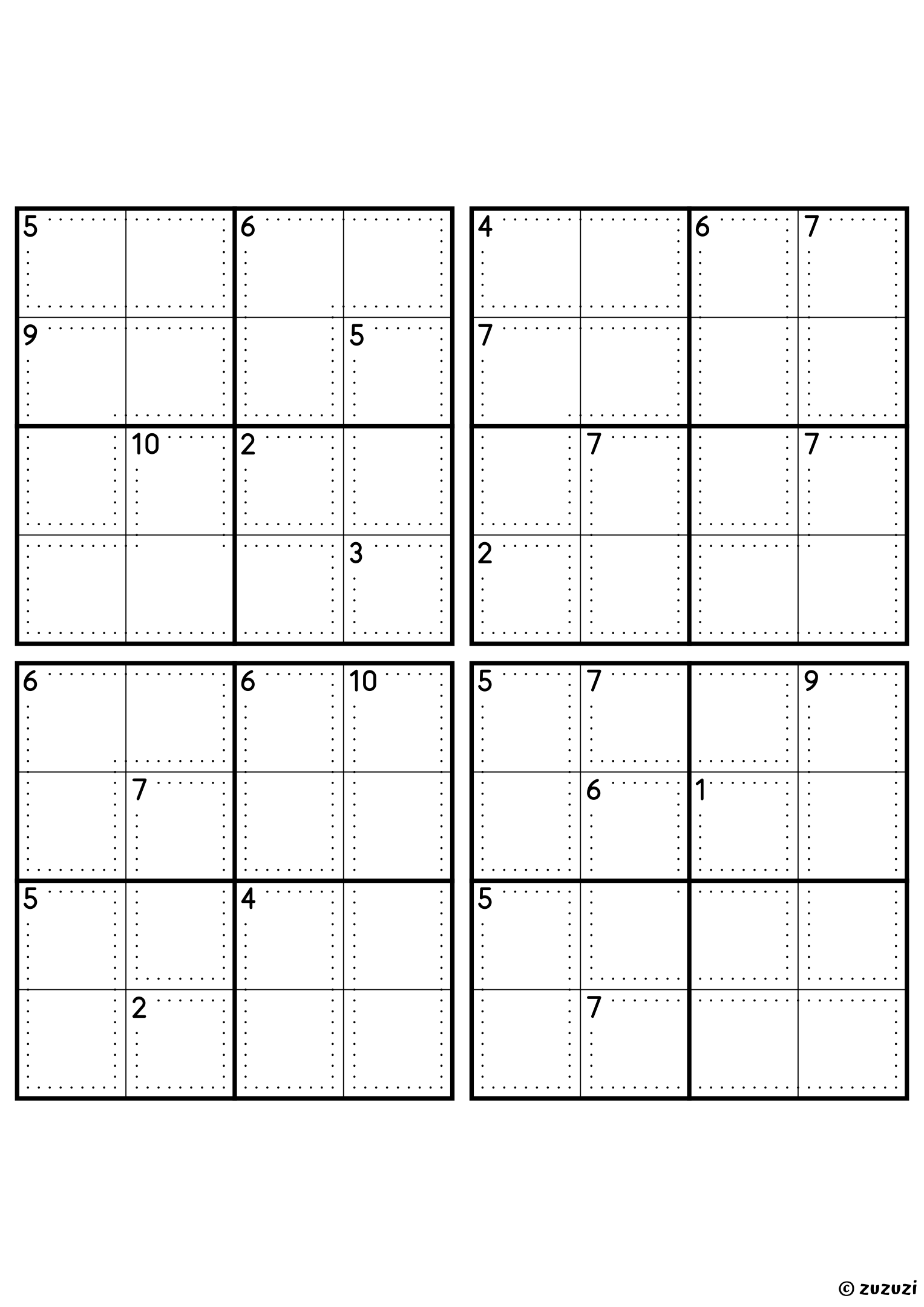 Four beginner-friendly 4x4 killer sudoku grids with no given numbers, only dotted cages and their sums. Digits 1 to 4, 4 puzzles per page. Variant 8.