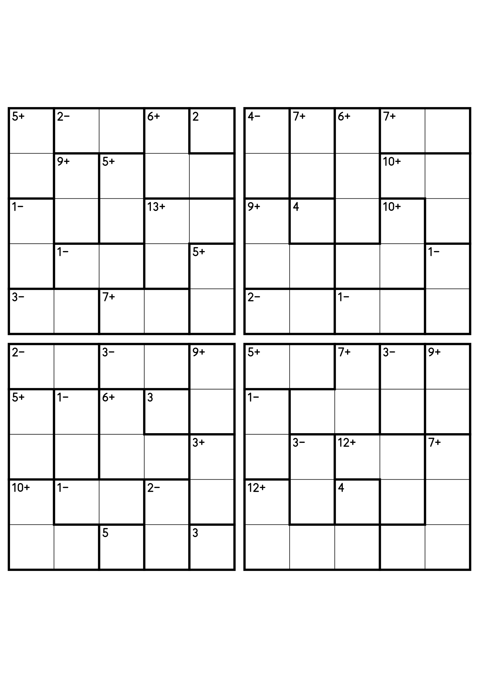 Four 5x5 calcudoku grids mixing addition cages with two-cell subtraction cages. Digits 1 to 5, 4 puzzles per page. Variant 1.