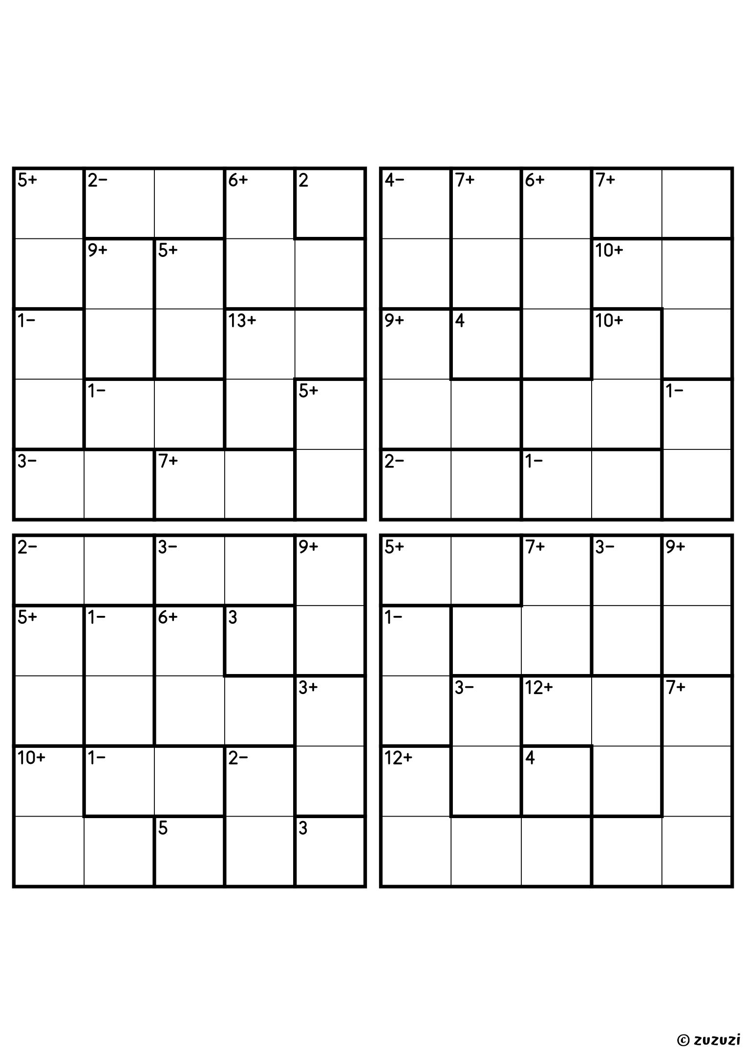 Four intermediate 5x5 calcudoku grids with addition and subtraction cages, outlined with thick lines. Digits 1 to 5, 4 puzzles per page. Variant 1.