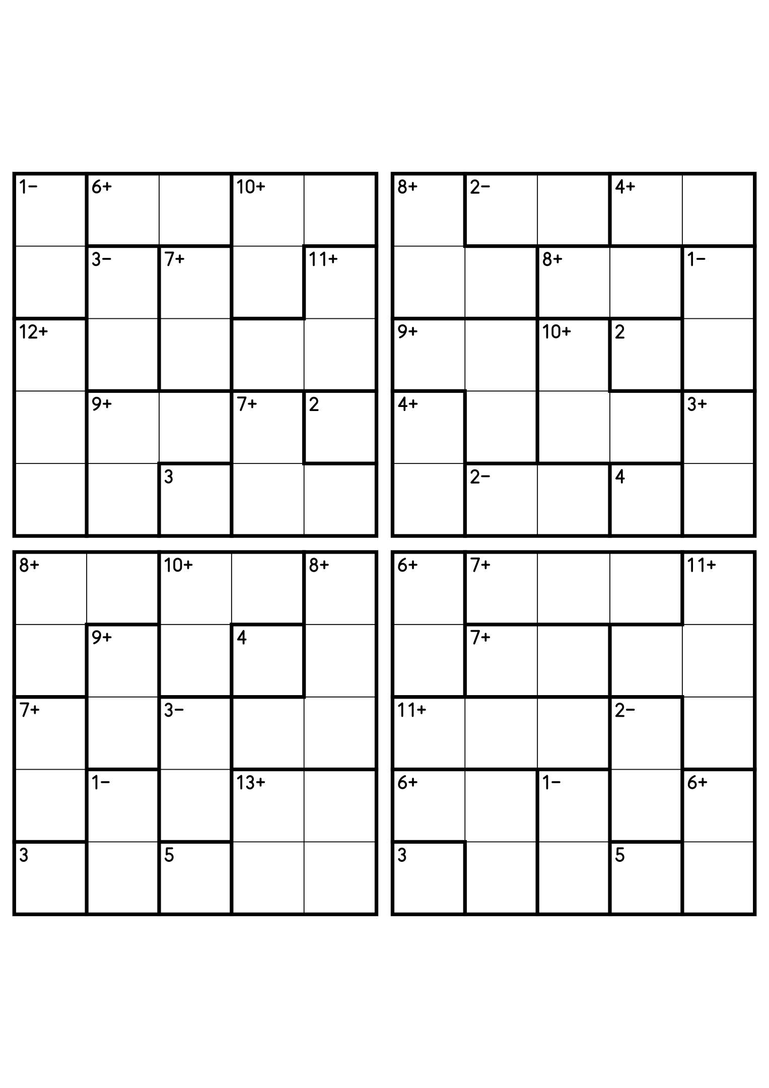 Four 5x5 calcudoku grids mixing addition cages with two-cell subtraction cages. Digits 1 to 5, 4 puzzles per page. Variant 2.
