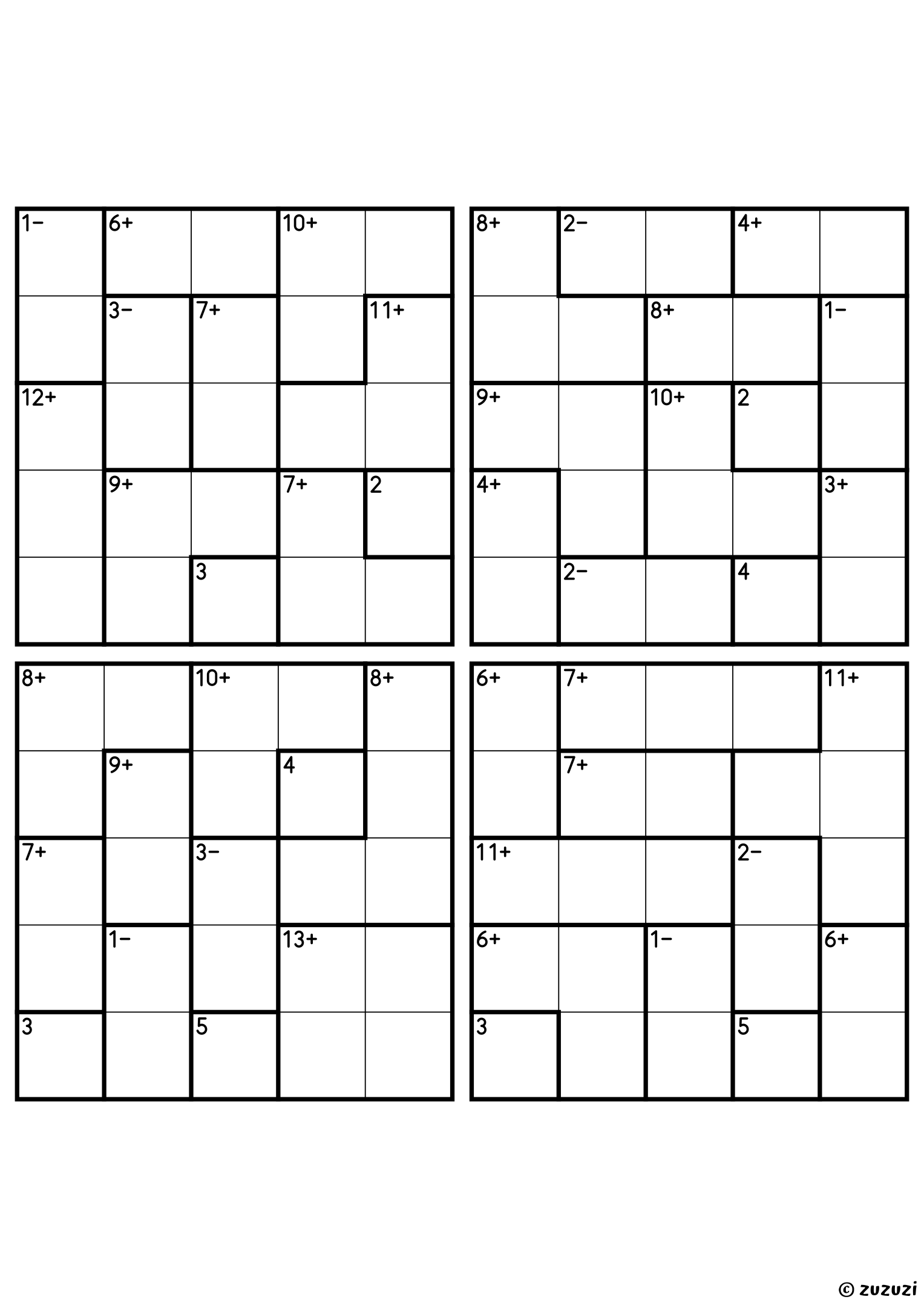 Four intermediate 5x5 calcudoku grids with addition and subtraction cages, outlined with thick lines. Digits 1 to 5, 4 puzzles per page. Variant 2.
