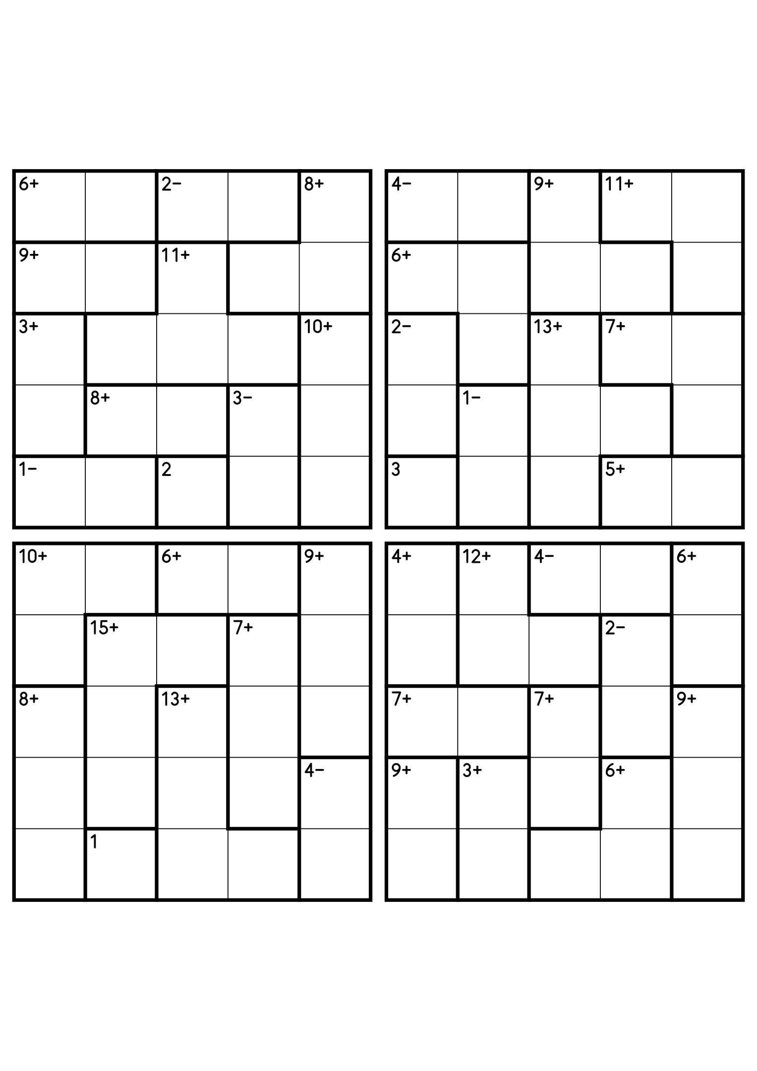 Four 5x5 calcudoku grids mixing addition cages with two-cell subtraction cages. Digits 1 to 5, 4 puzzles per page. Variant 3.