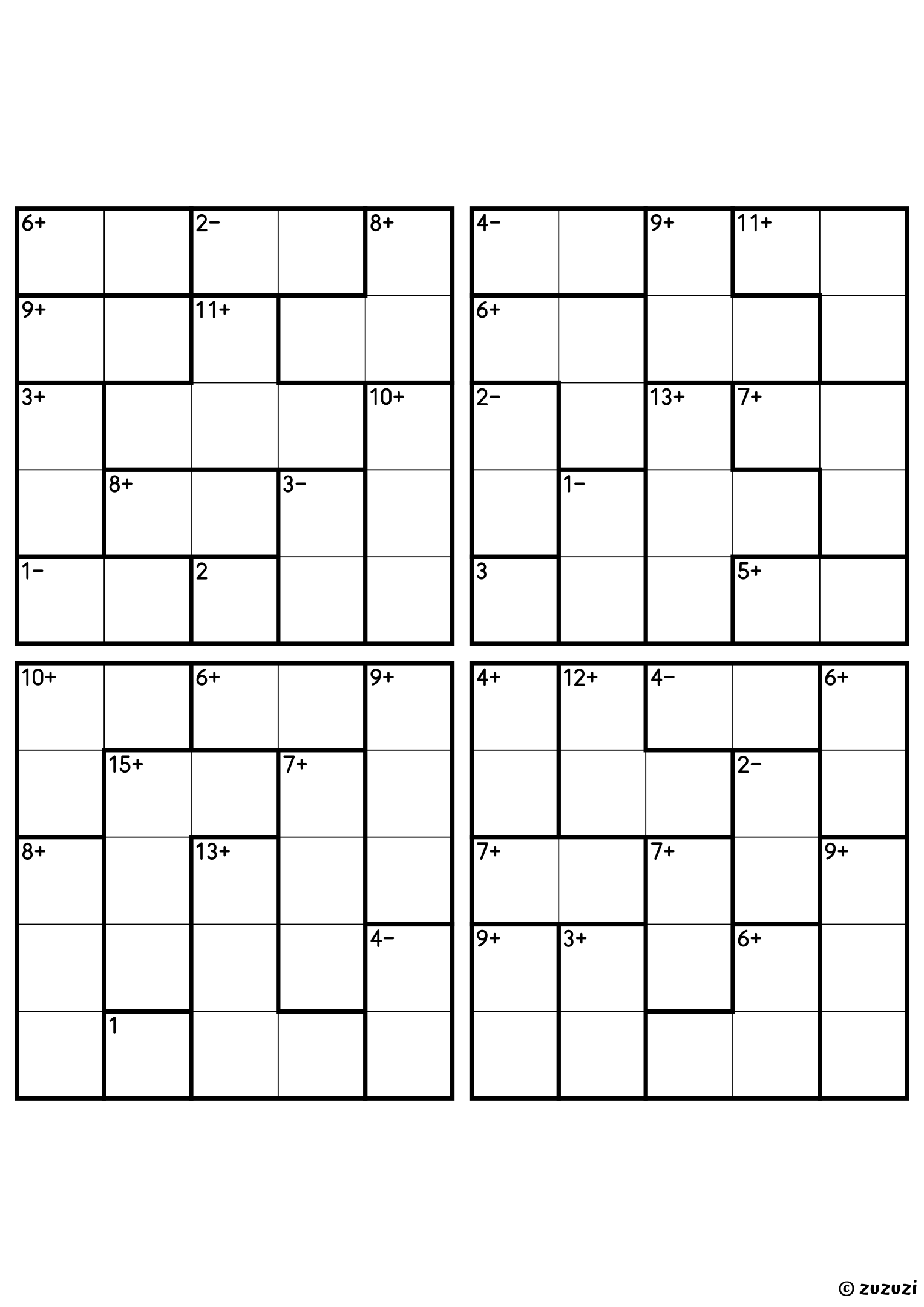 Four intermediate 5x5 calcudoku grids with addition and subtraction cages, outlined with thick lines. Digits 1 to 5, 4 puzzles per page. Variant 3.
