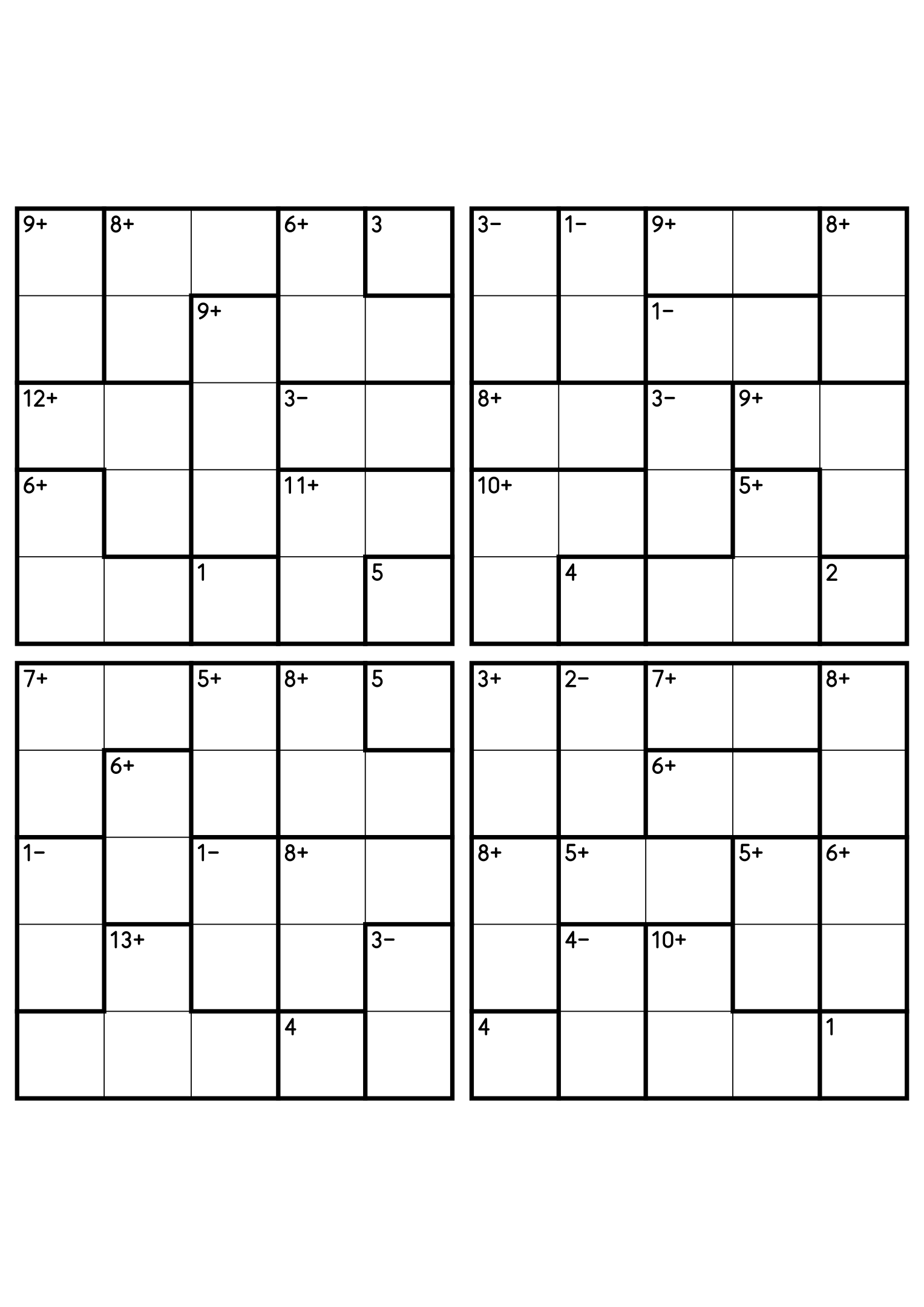 Four 5x5 calcudoku grids mixing addition cages with two-cell subtraction cages. Digits 1 to 5, 4 puzzles per page. Variant 4.