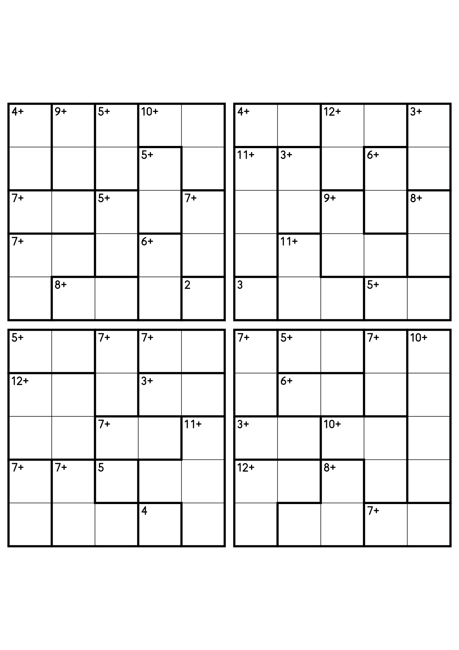Four 5x5 calcudoku grids with addition cages only, the gentlest way to practise the rules. Digits 1 to 5, 4 puzzles per page. Variant 1.