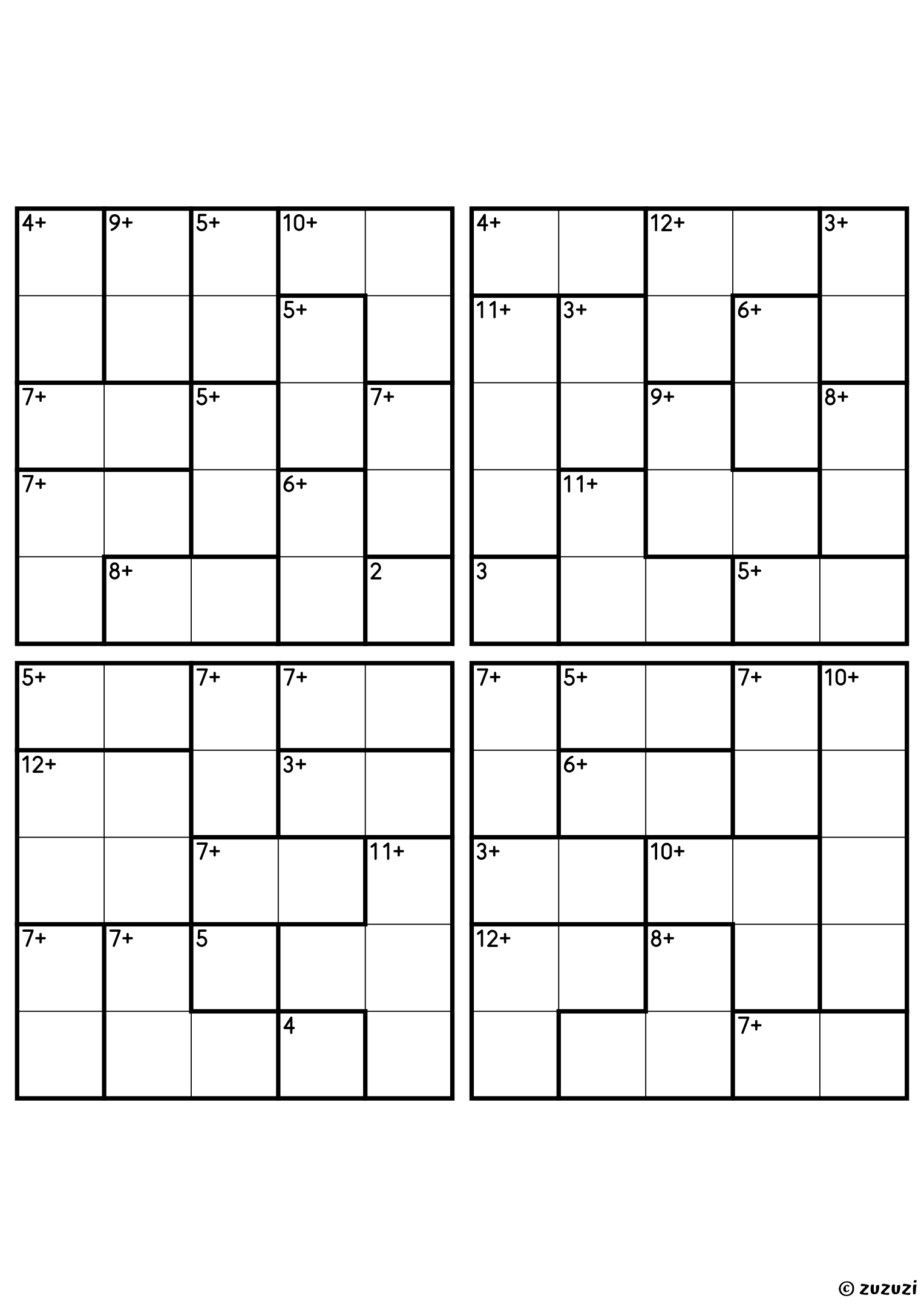 Four beginner 5x5 calcudoku grids with addition cages only, outlined with thick lines. Digits 1 to 5, 4 puzzles per page. Variant 1.