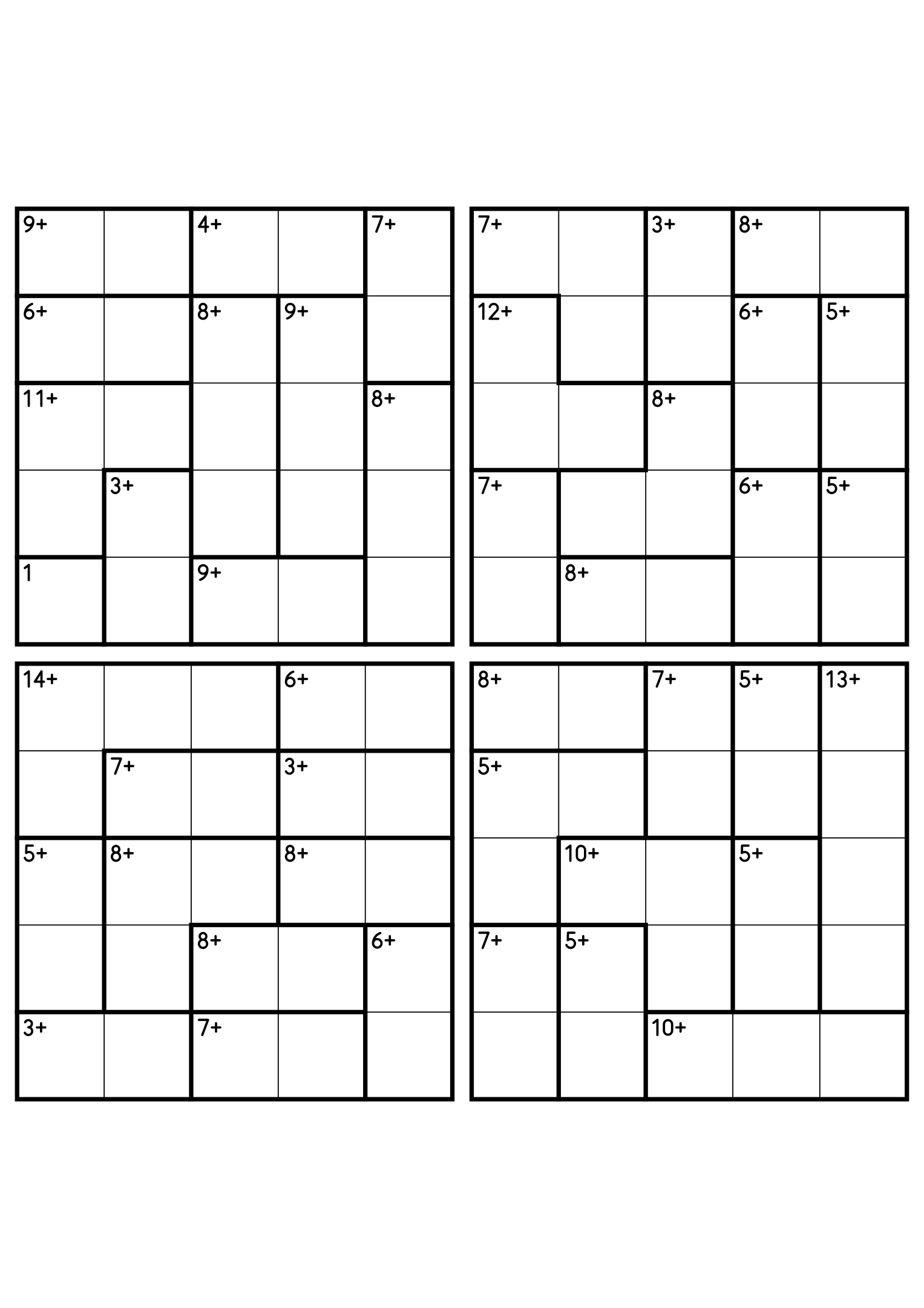 Four 5x5 calcudoku grids with addition cages only, the gentlest way to practise the rules. Digits 1 to 5, 4 puzzles per page. Variant 2.