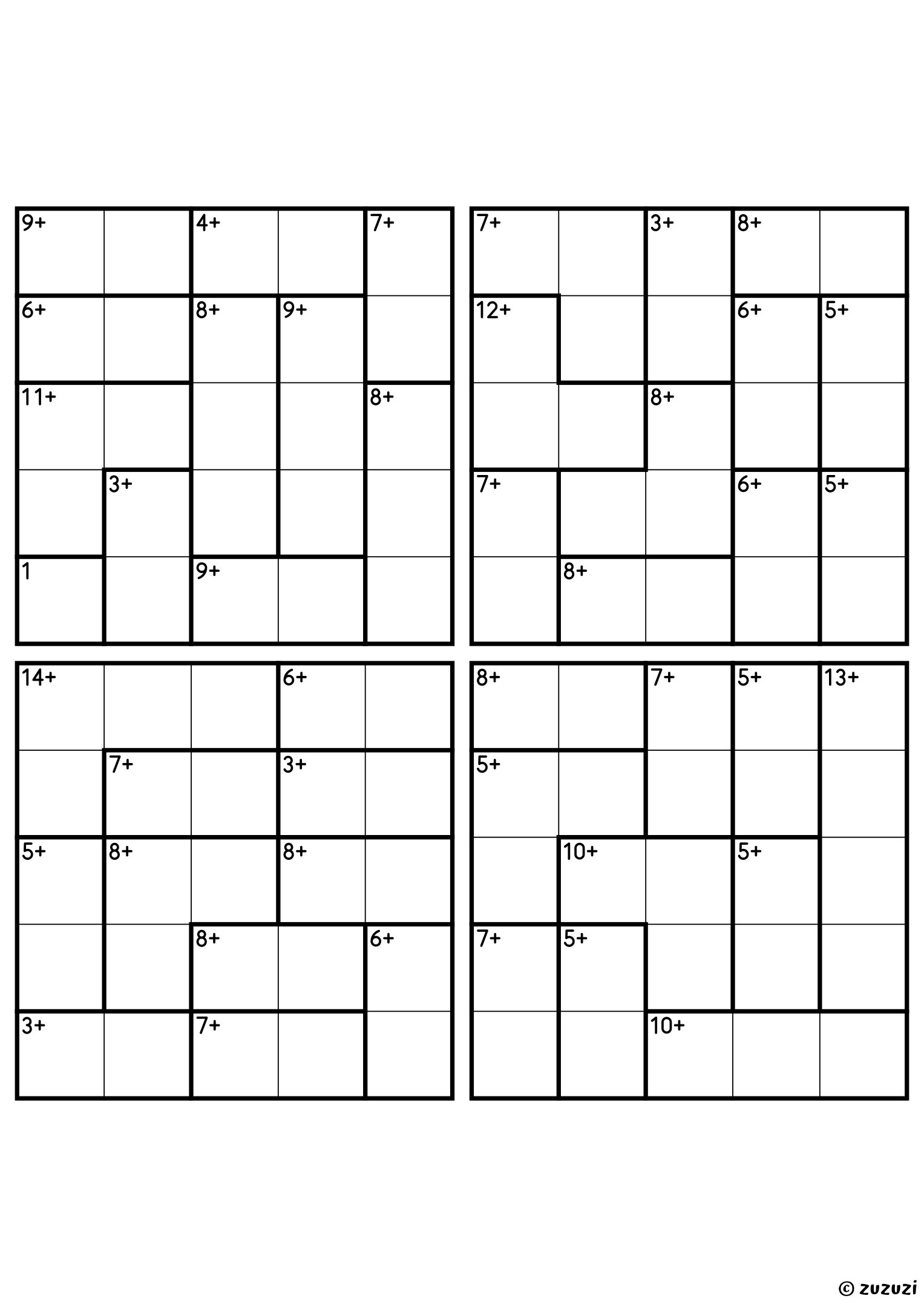 Four beginner 5x5 calcudoku grids with addition cages only, outlined with thick lines. Digits 1 to 5, 4 puzzles per page. Variant 2.
