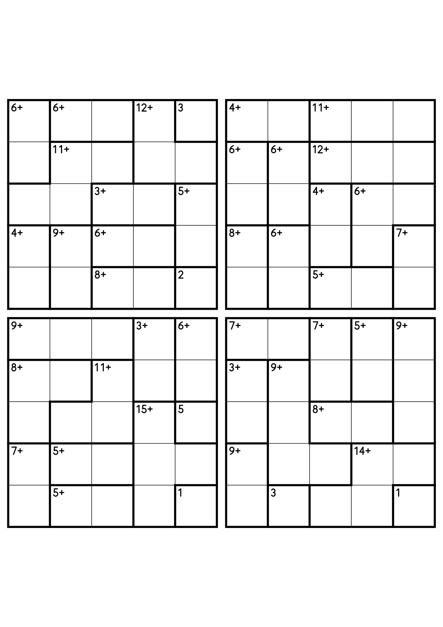 Four 5x5 calcudoku grids with addition cages only, the gentlest way to practise the rules. Digits 1 to 5, 4 puzzles per page. Variant 3.