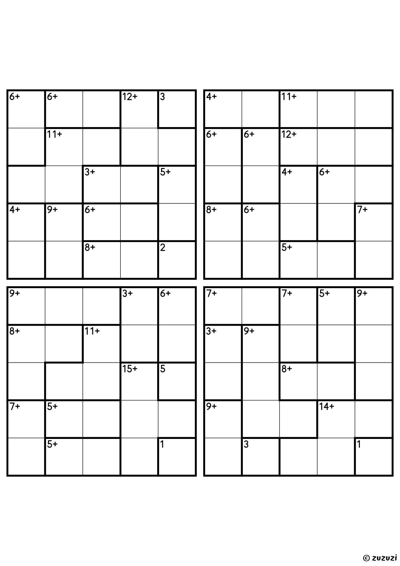 Four beginner 5x5 calcudoku grids with addition cages only, outlined with thick lines. Digits 1 to 5, 4 puzzles per page. Variant 3.