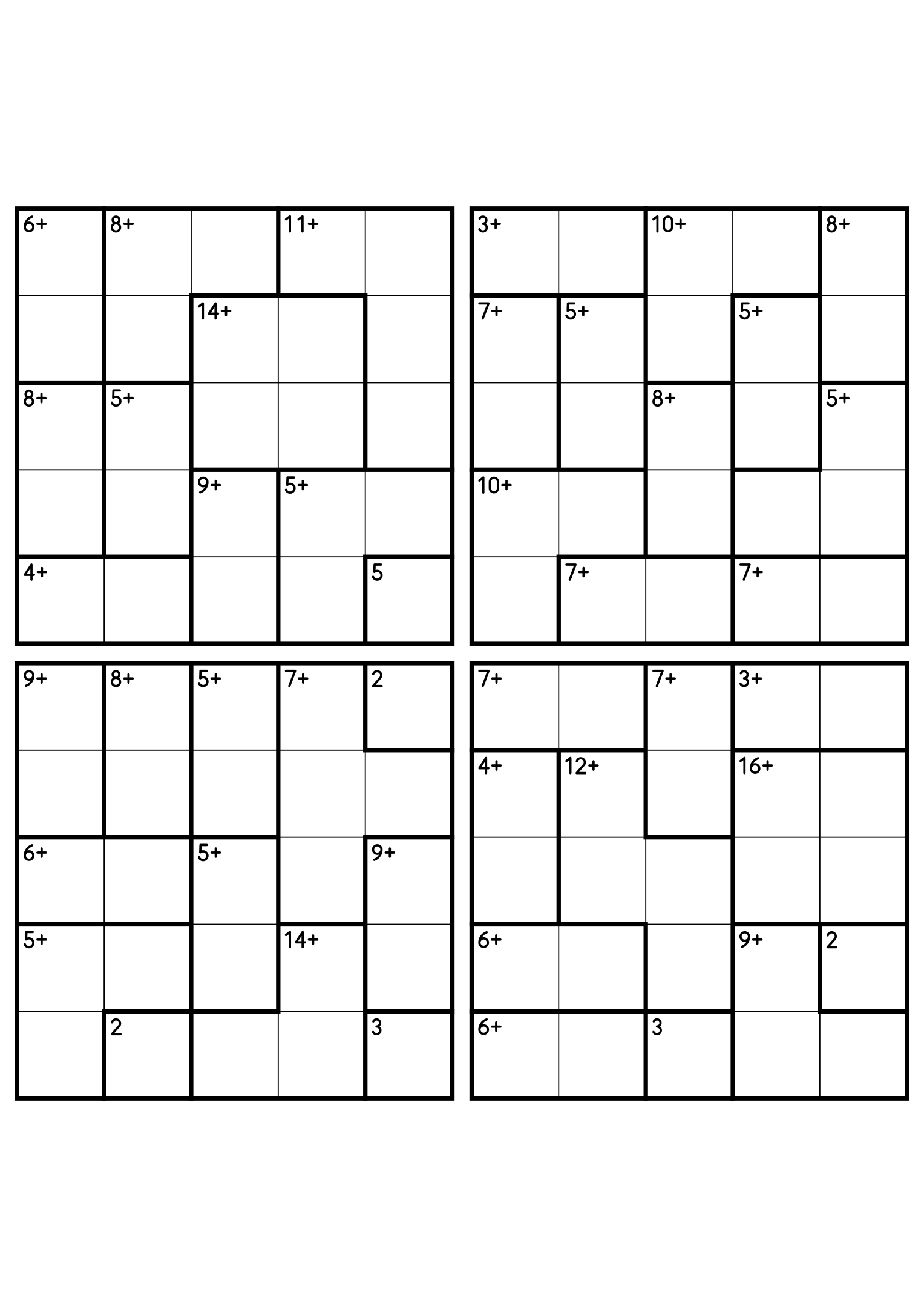 Four 5x5 calcudoku grids with addition cages only, the gentlest way to practise the rules. Digits 1 to 5, 4 puzzles per page. Variant 4.