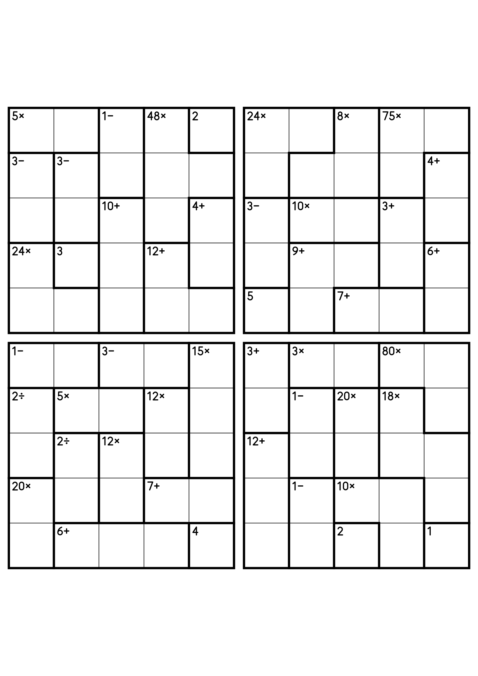 Four 5x5 calcudoku grids with addition, subtraction, multiplication and division cages. Digits 1 to 5, 4 puzzles per page. Variant 1.
