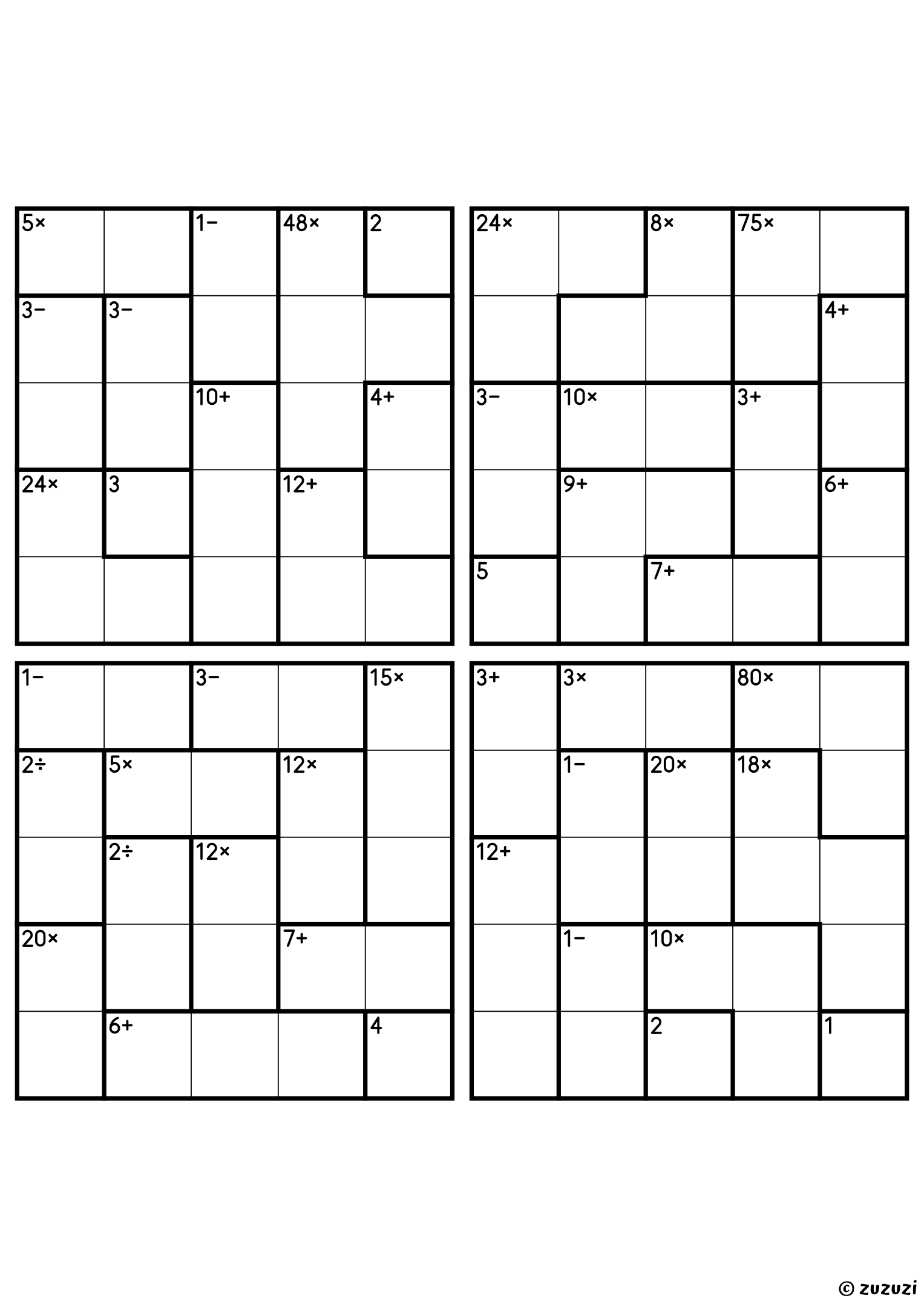 Four advanced 5x5 calcudoku grids with addition, subtraction, multiplication, and division cages, outlined with thick lines. Digits 1 to 5, 4 puzzles per page. Variant 1.