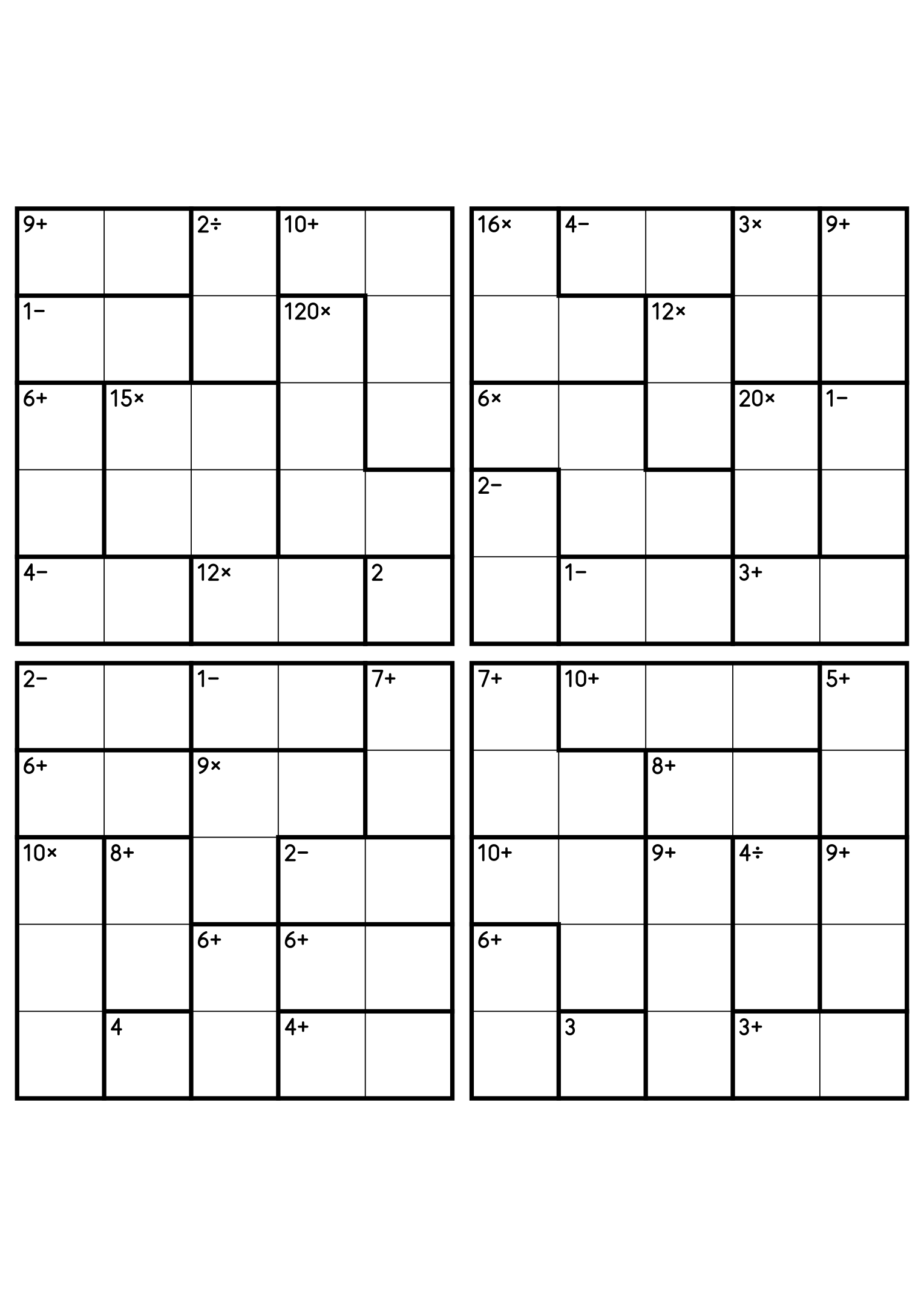 Four 5x5 calcudoku grids with addition, subtraction, multiplication and division cages. Digits 1 to 5, 4 puzzles per page. Variant 2.