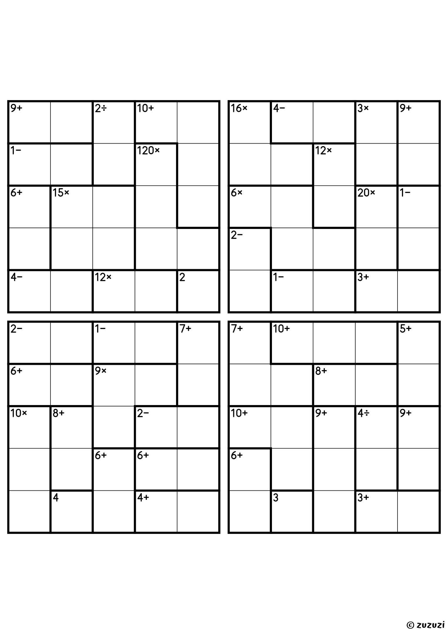 Four advanced 5x5 calcudoku grids with addition, subtraction, multiplication, and division cages, outlined with thick lines. Digits 1 to 5, 4 puzzles per page. Variant 2.