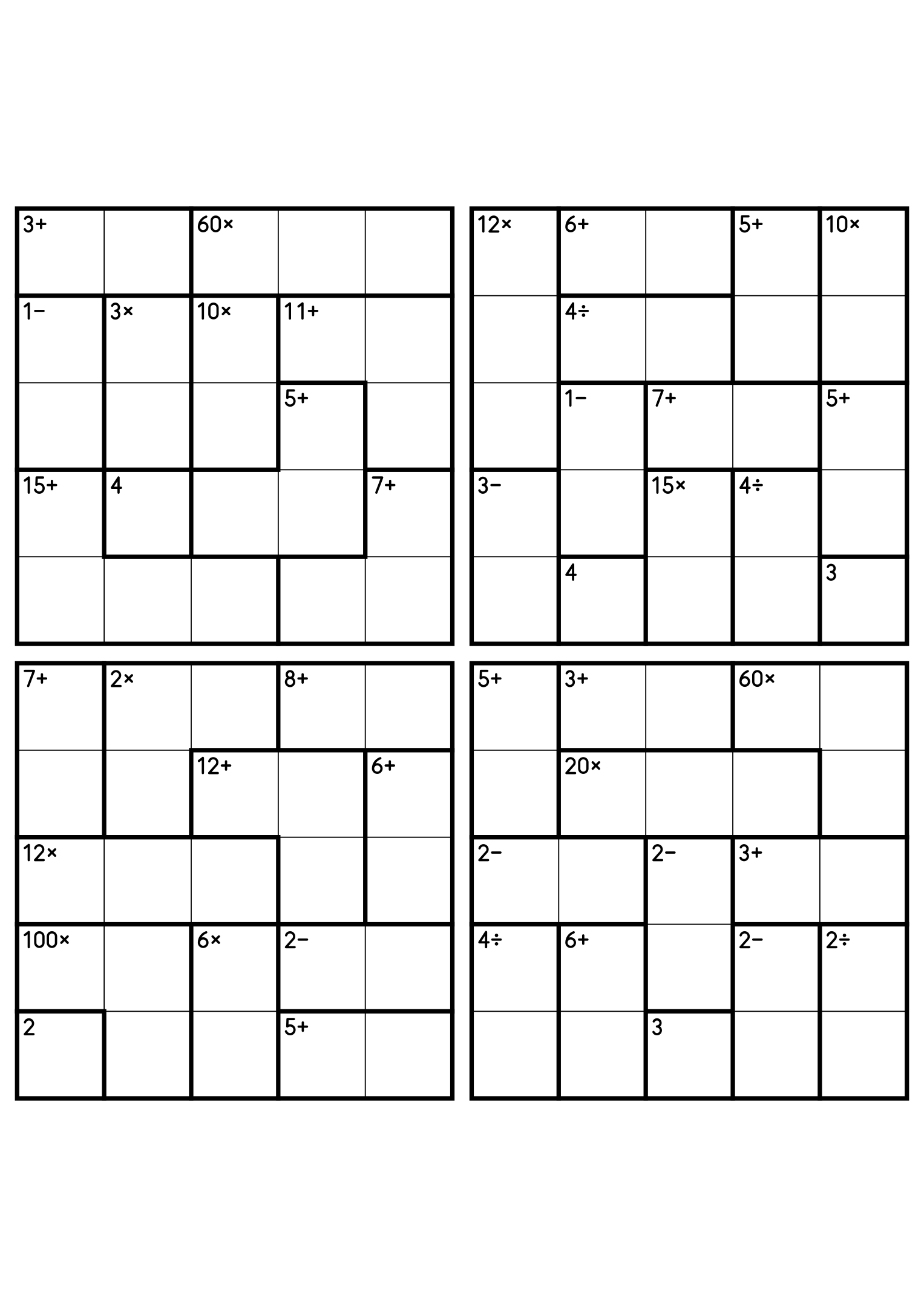 Four 5x5 calcudoku grids with addition, subtraction, multiplication and division cages. Digits 1 to 5, 4 puzzles per page. Variant 3.