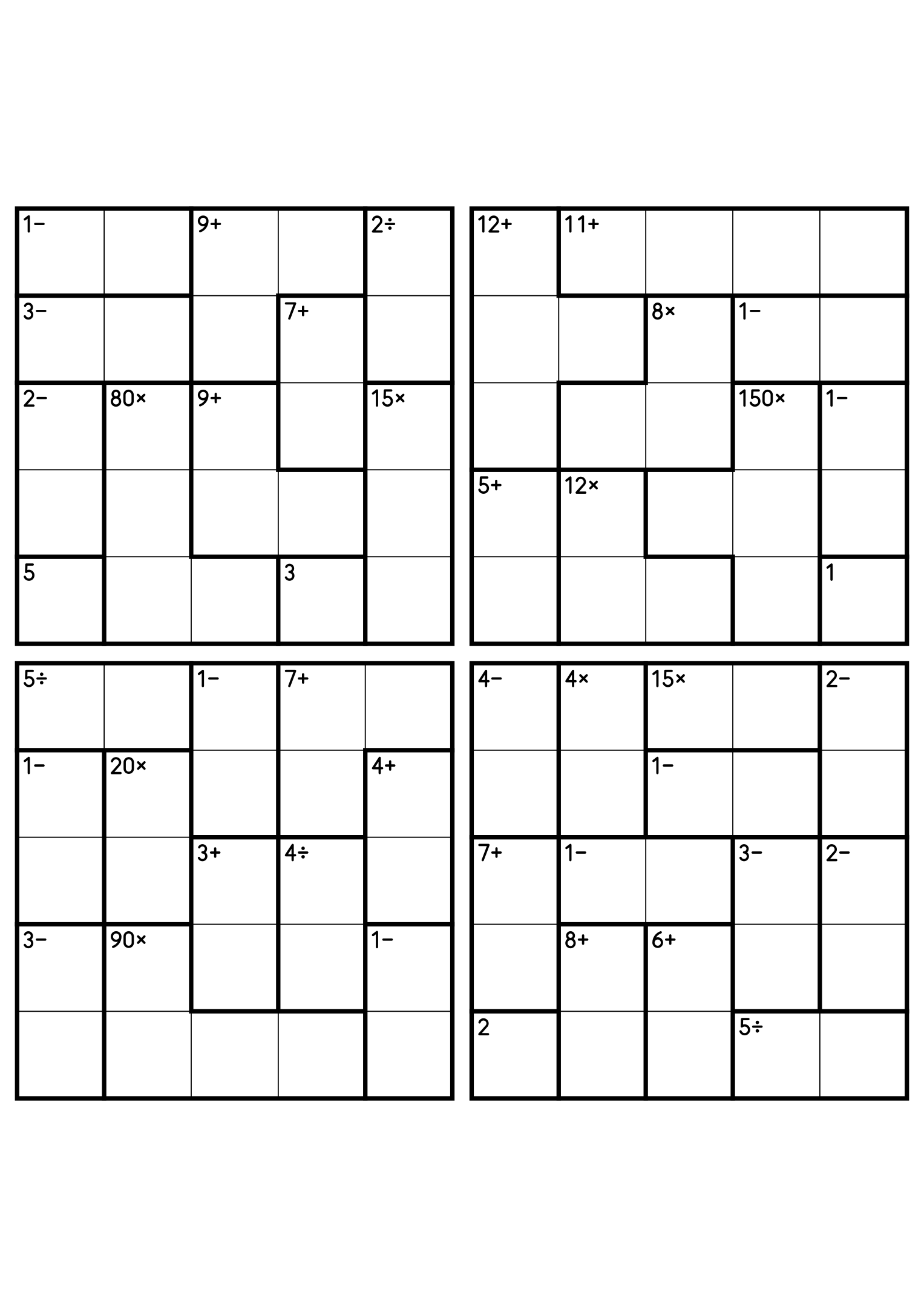 Four 5x5 calcudoku grids with addition, subtraction, multiplication and division cages. Digits 1 to 5, 4 puzzles per page. Variant 4.