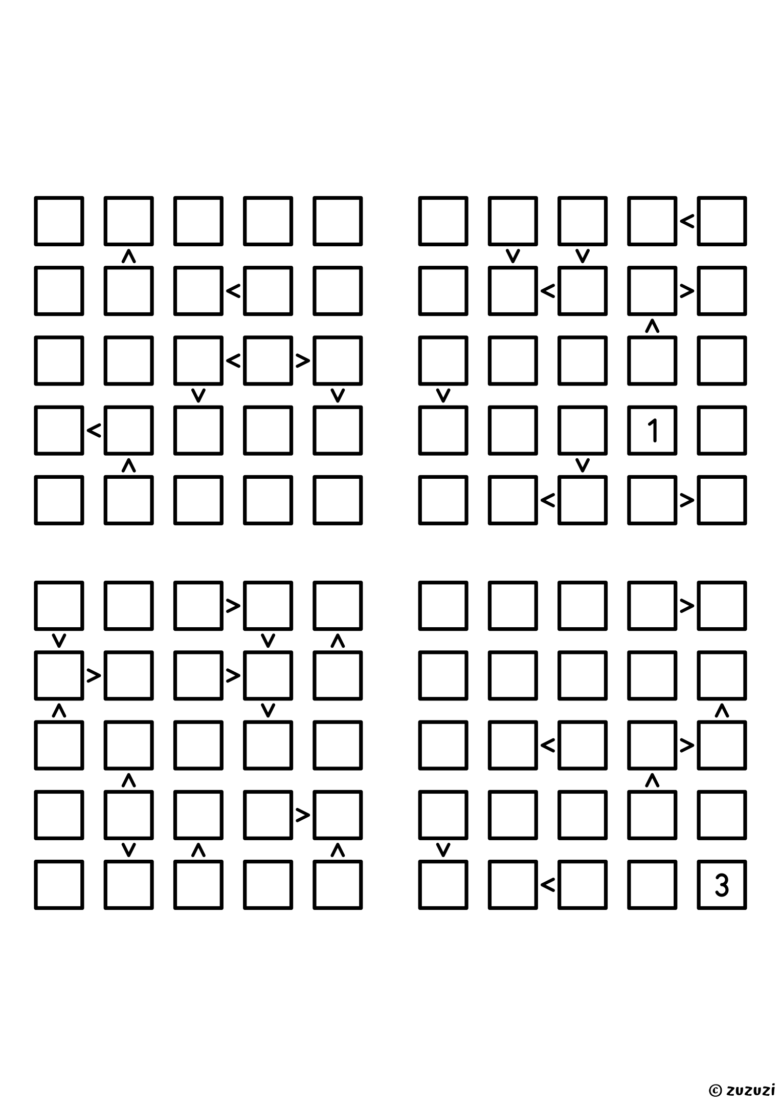 Four intermediate 5x5 futoshiki grids with inequality signs between neighboring cells. Digits 1 to 5, 4 puzzles per page. Variant 1.