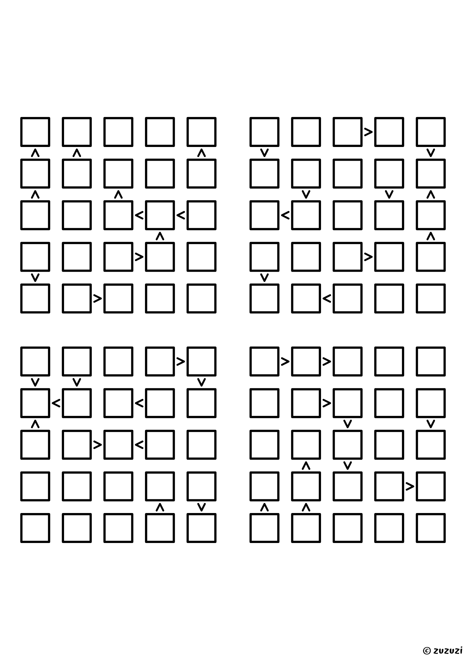 Four intermediate 5x5 futoshiki grids with inequality signs between neighboring cells. Digits 1 to 5, 4 puzzles per page. Variant 2.