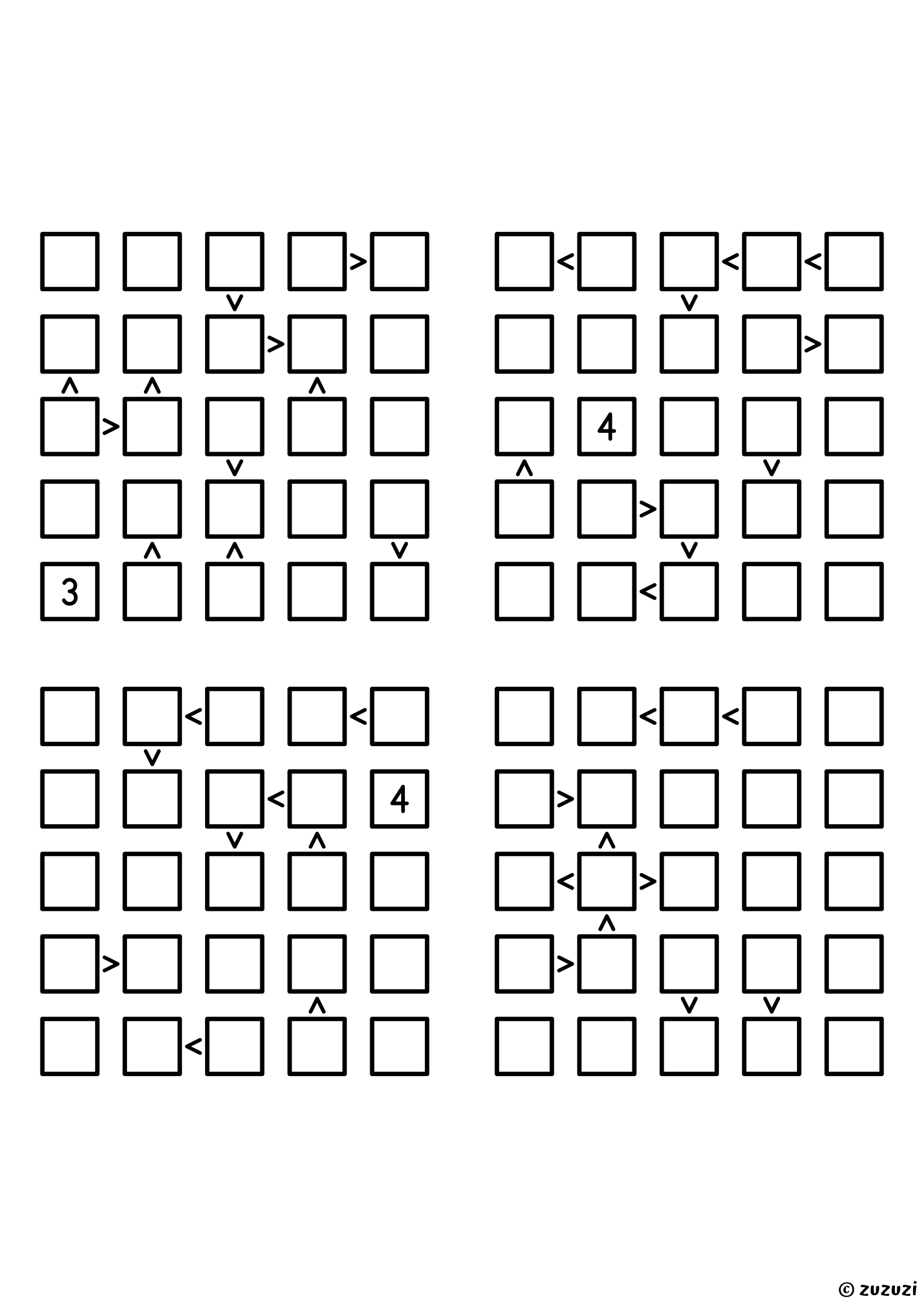 Four intermediate 5x5 futoshiki grids with inequality signs between neighboring cells. Digits 1 to 5, 4 puzzles per page. Variant 3.