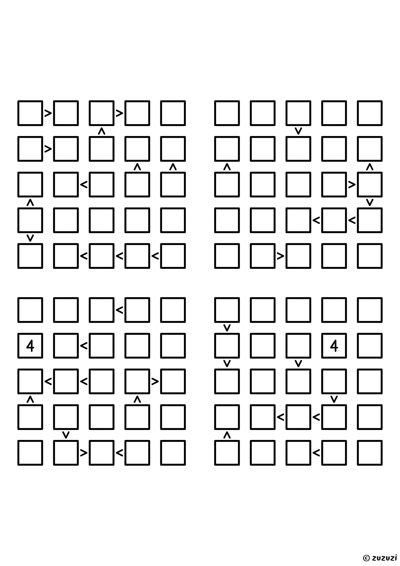 Four intermediate 5x5 futoshiki grids with inequality signs between neighboring cells. Digits 1 to 5, 4 puzzles per page. Variant 4.