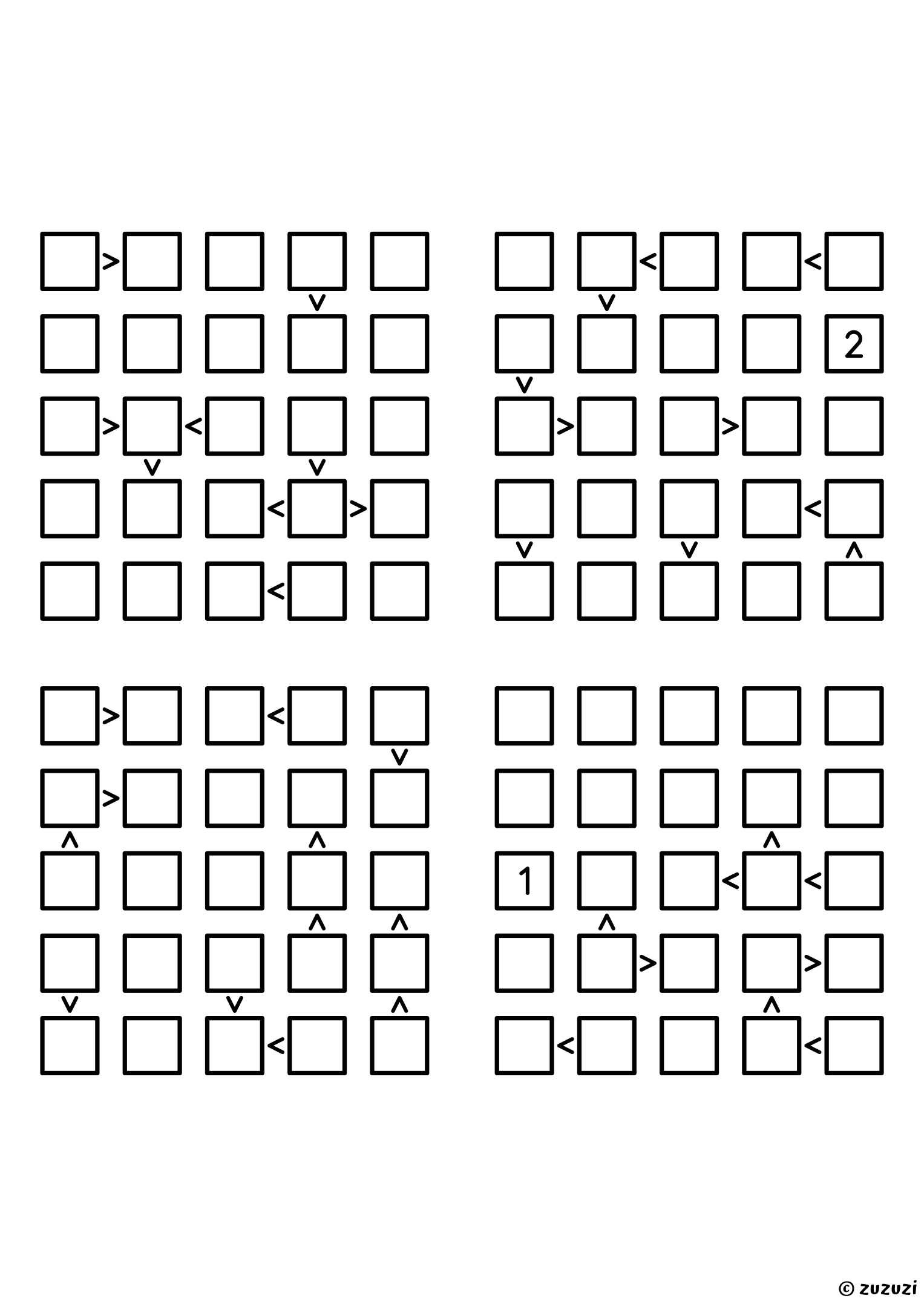 Four intermediate 5x5 futoshiki grids with inequality signs between neighboring cells. Digits 1 to 5, 4 puzzles per page. Variant 5.