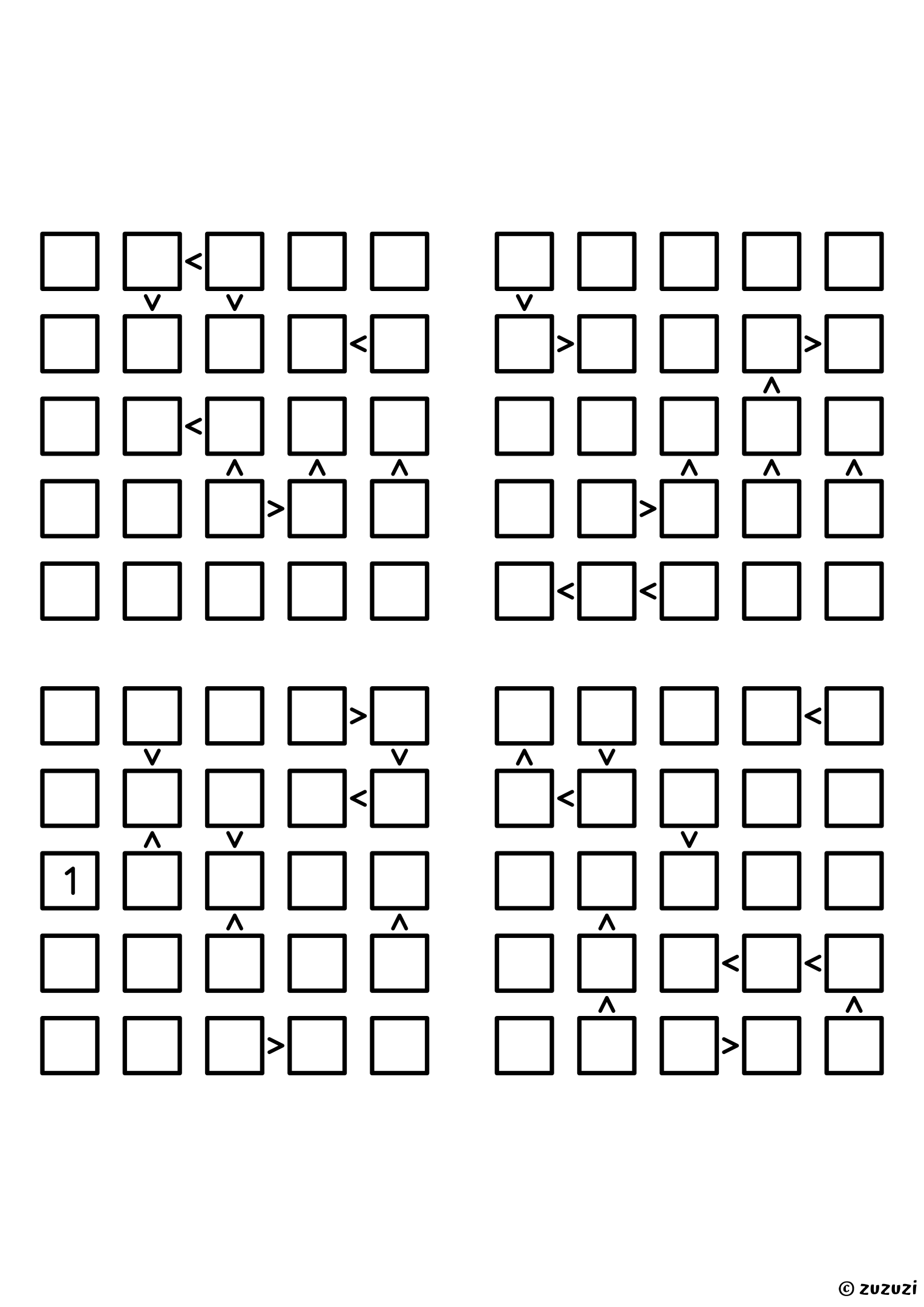 Four intermediate 5x5 futoshiki grids with inequality signs between neighboring cells. Digits 1 to 5, 4 puzzles per page. Variant 6.