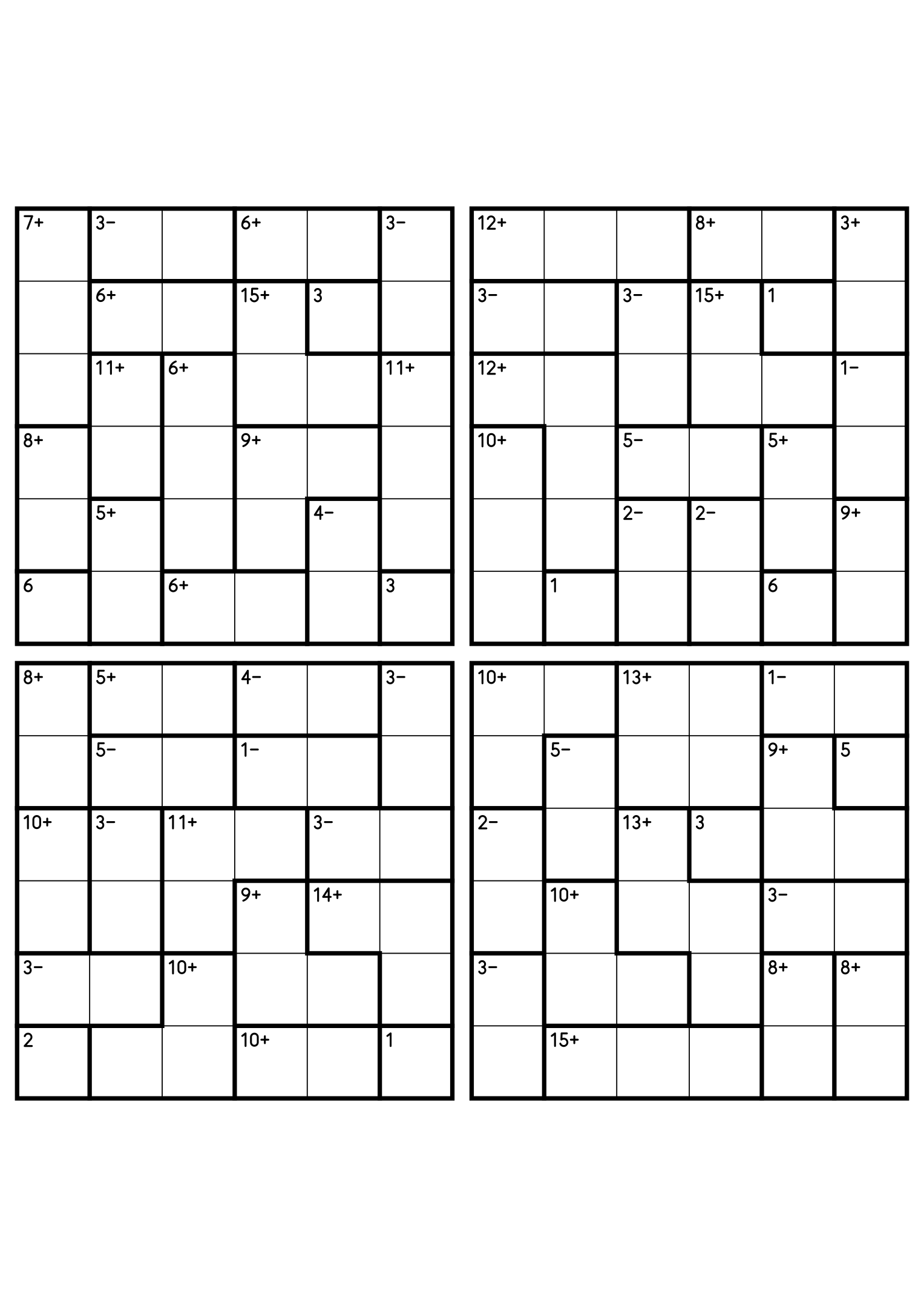 Four 6x6 calcudoku grids mixing addition cages with two-cell subtraction cages. Digits 1 to 6, 4 puzzles per page. Variant 1.