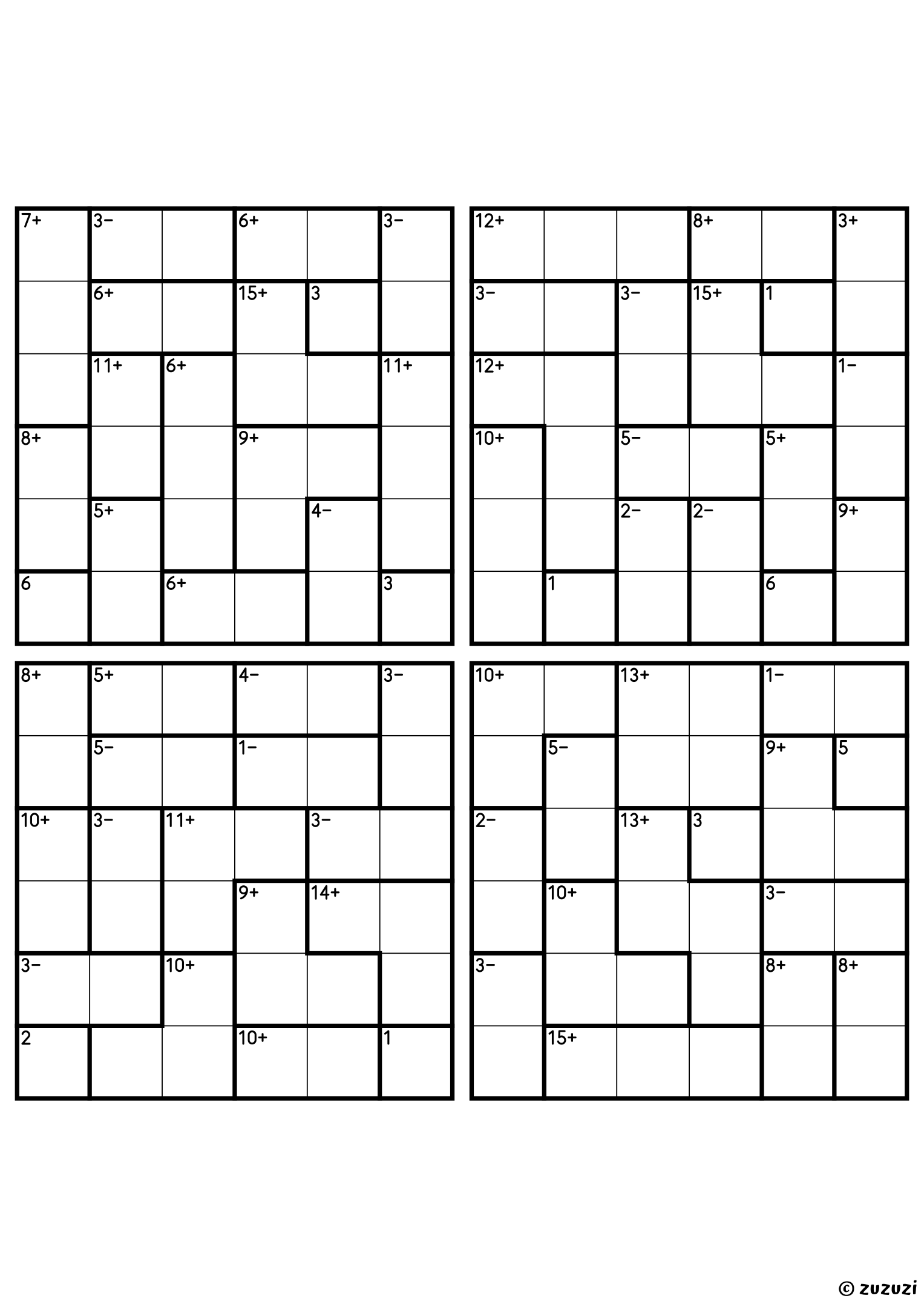 Four intermediate 6x6 calcudoku grids with addition and subtraction cages, outlined with thick lines. Digits 1 to 6, 4 puzzles per page. Variant 1.