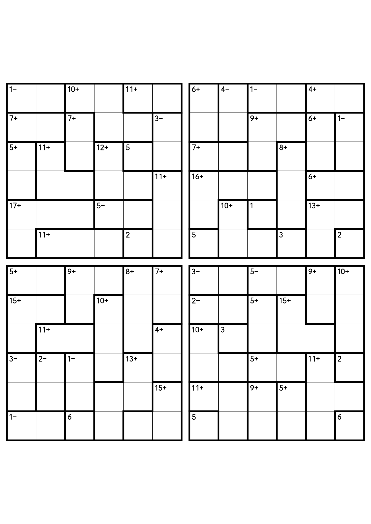 Four 6x6 calcudoku grids mixing addition cages with two-cell subtraction cages. Digits 1 to 6, 4 puzzles per page. Variant 2.