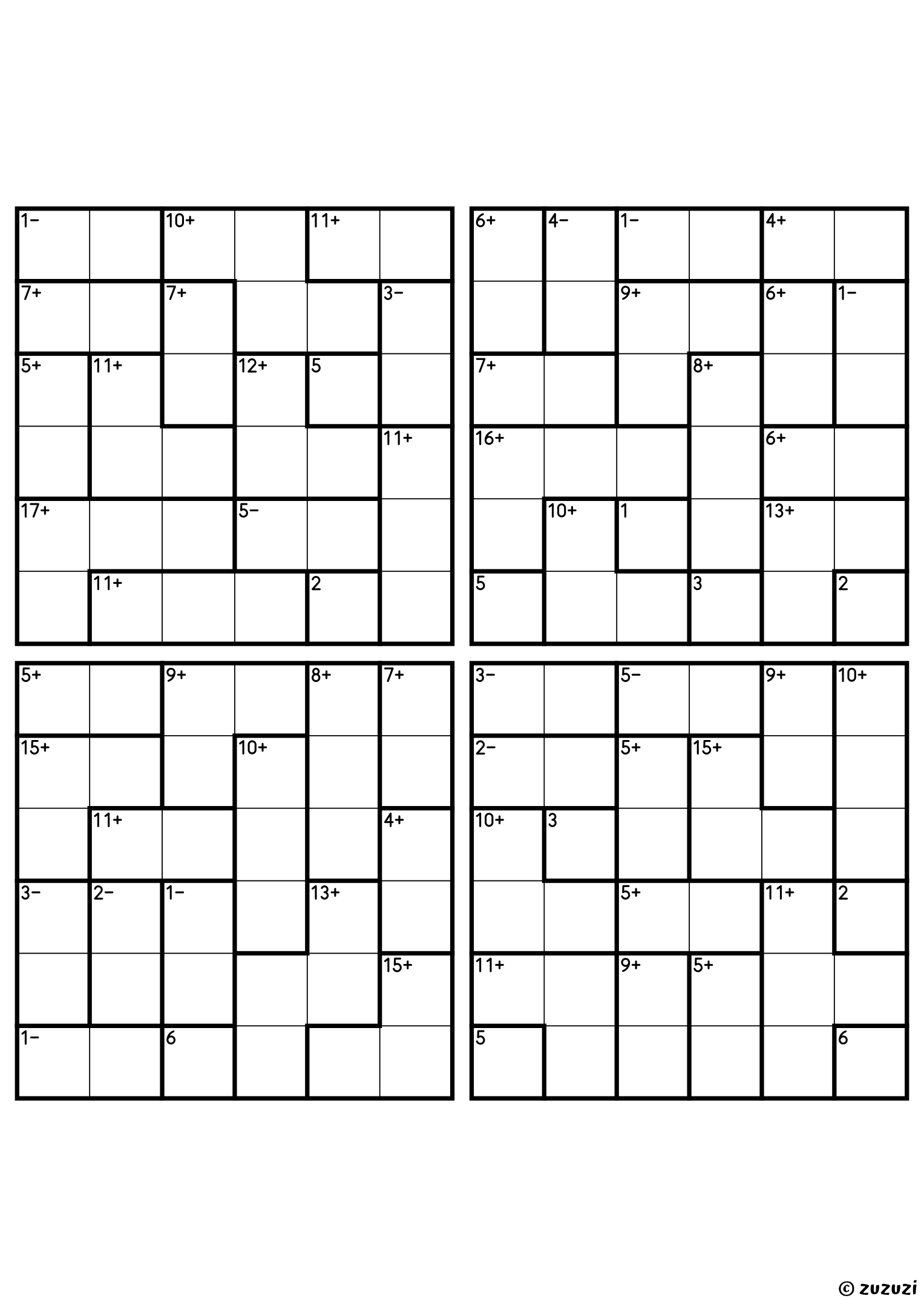 Four intermediate 6x6 calcudoku grids with addition and subtraction cages, outlined with thick lines. Digits 1 to 6, 4 puzzles per page. Variant 2.
