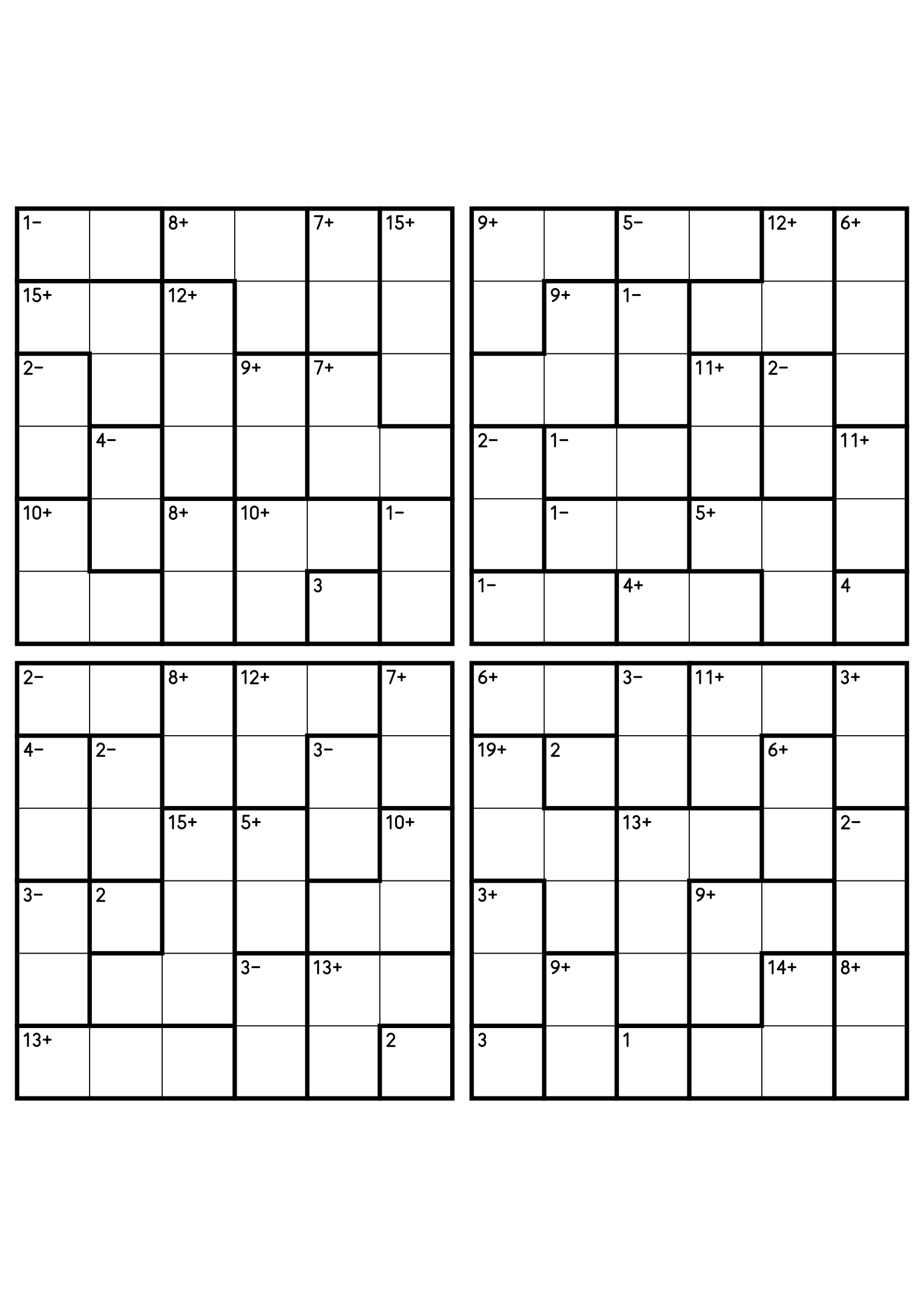 Four 6x6 calcudoku grids mixing addition cages with two-cell subtraction cages. Digits 1 to 6, 4 puzzles per page. Variant 3.