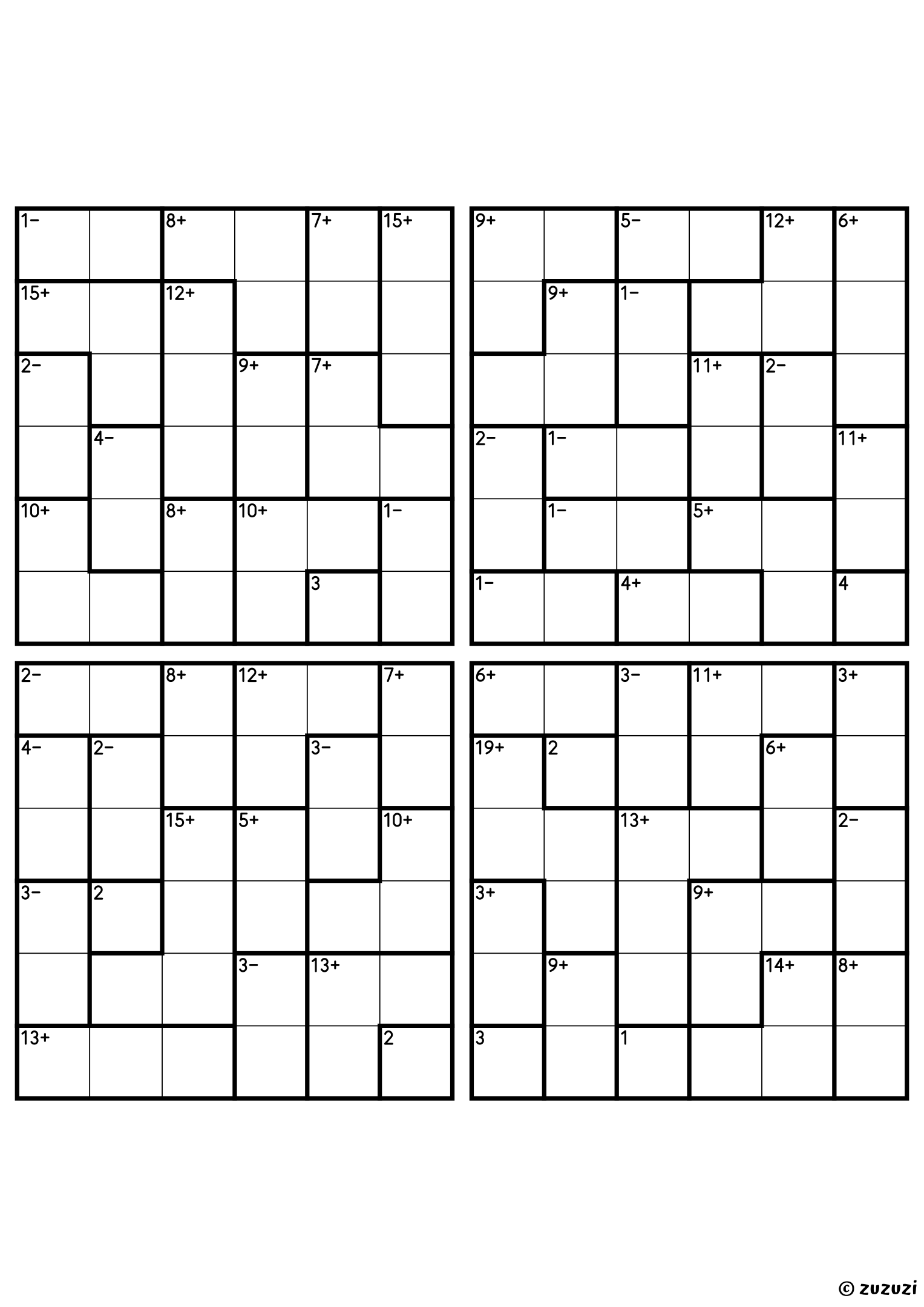 Four intermediate 6x6 calcudoku grids with addition and subtraction cages, outlined with thick lines. Digits 1 to 6, 4 puzzles per page. Variant 3.