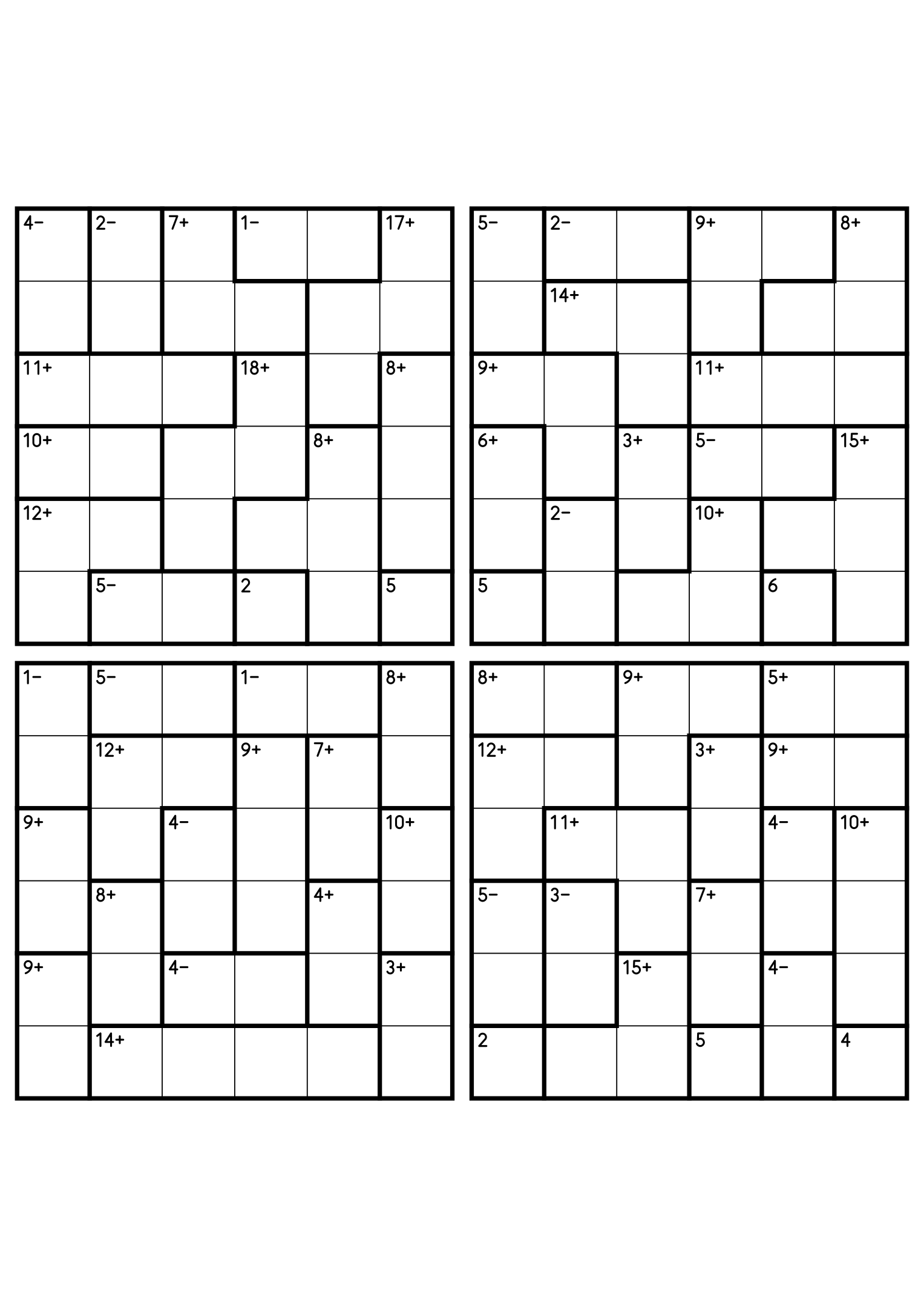 Four 6x6 calcudoku grids mixing addition cages with two-cell subtraction cages. Digits 1 to 6, 4 puzzles per page. Variant 4.