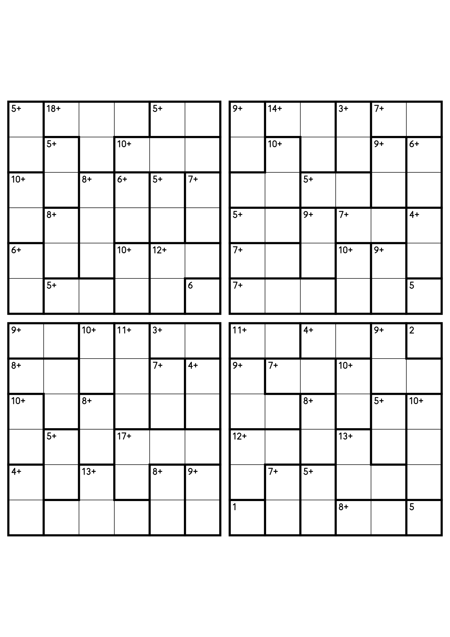 Four 6x6 calcudoku grids with addition cages only, the gentlest way to practise the rules. Digits 1 to 6, 4 puzzles per page. Variant 1.