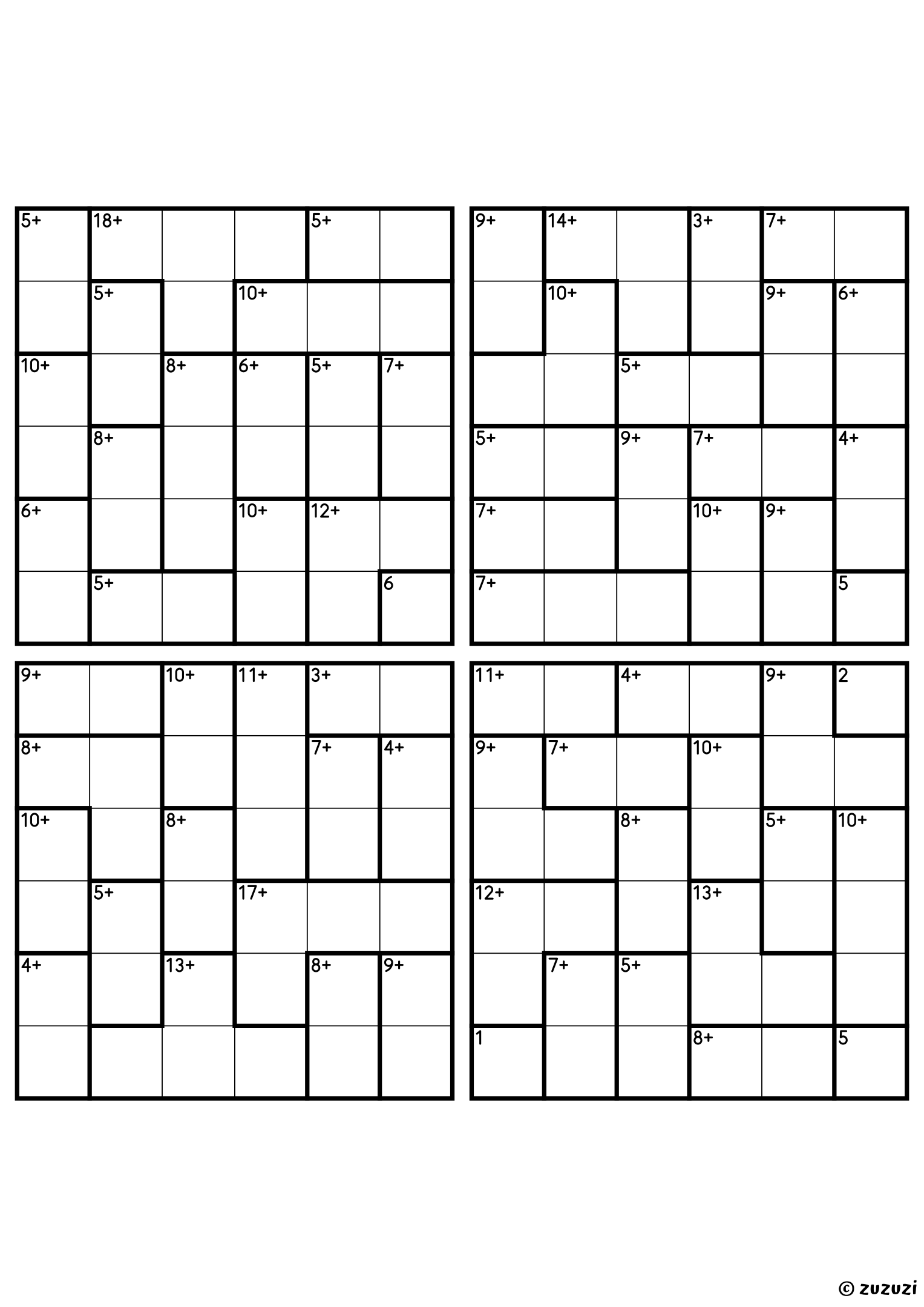Four beginner 6x6 calcudoku grids with addition cages only, outlined with thick lines. Digits 1 to 6, 4 puzzles per page. Variant 1.