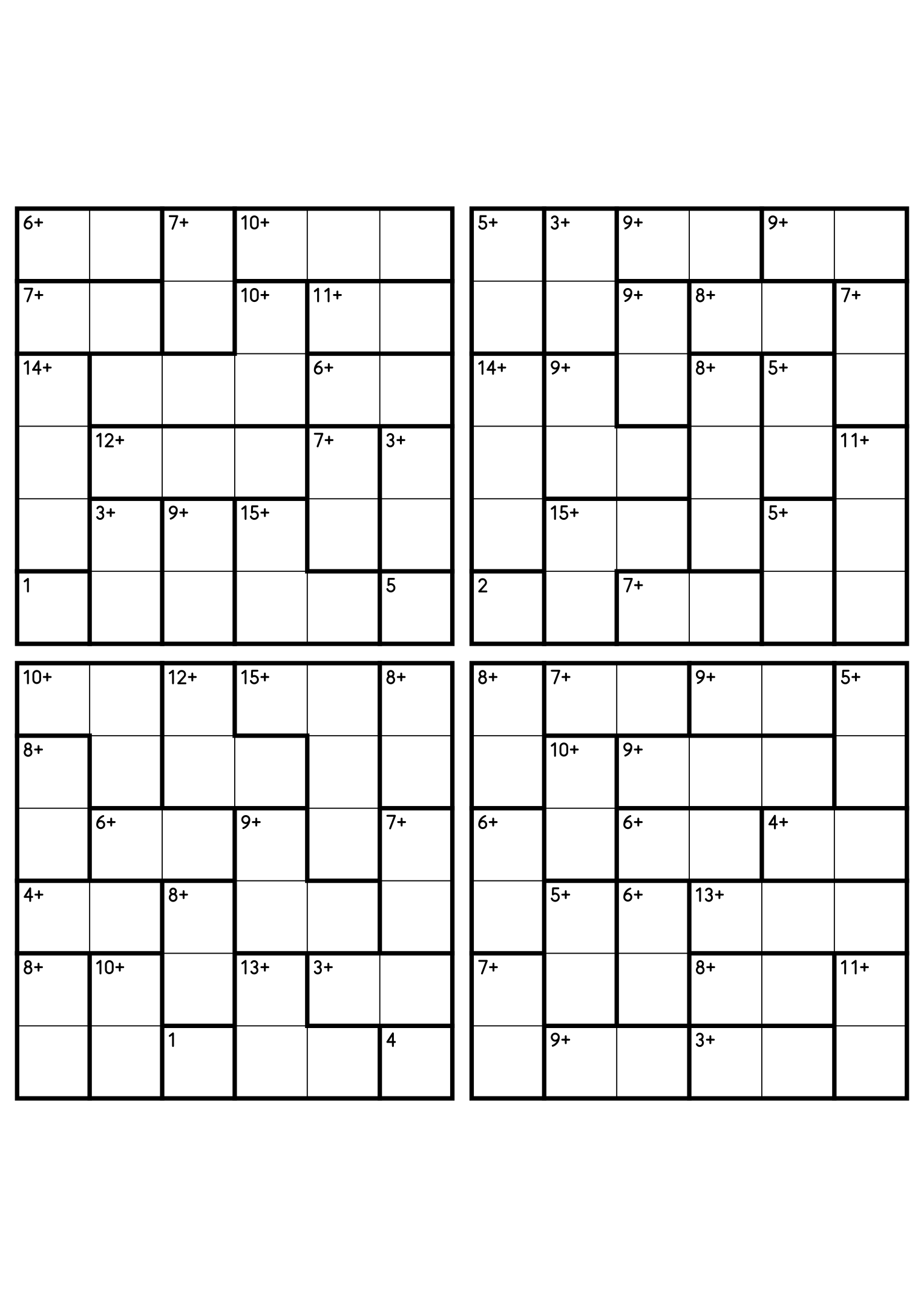 Four 6x6 calcudoku grids with addition cages only, the gentlest way to practise the rules. Digits 1 to 6, 4 puzzles per page. Variant 2.