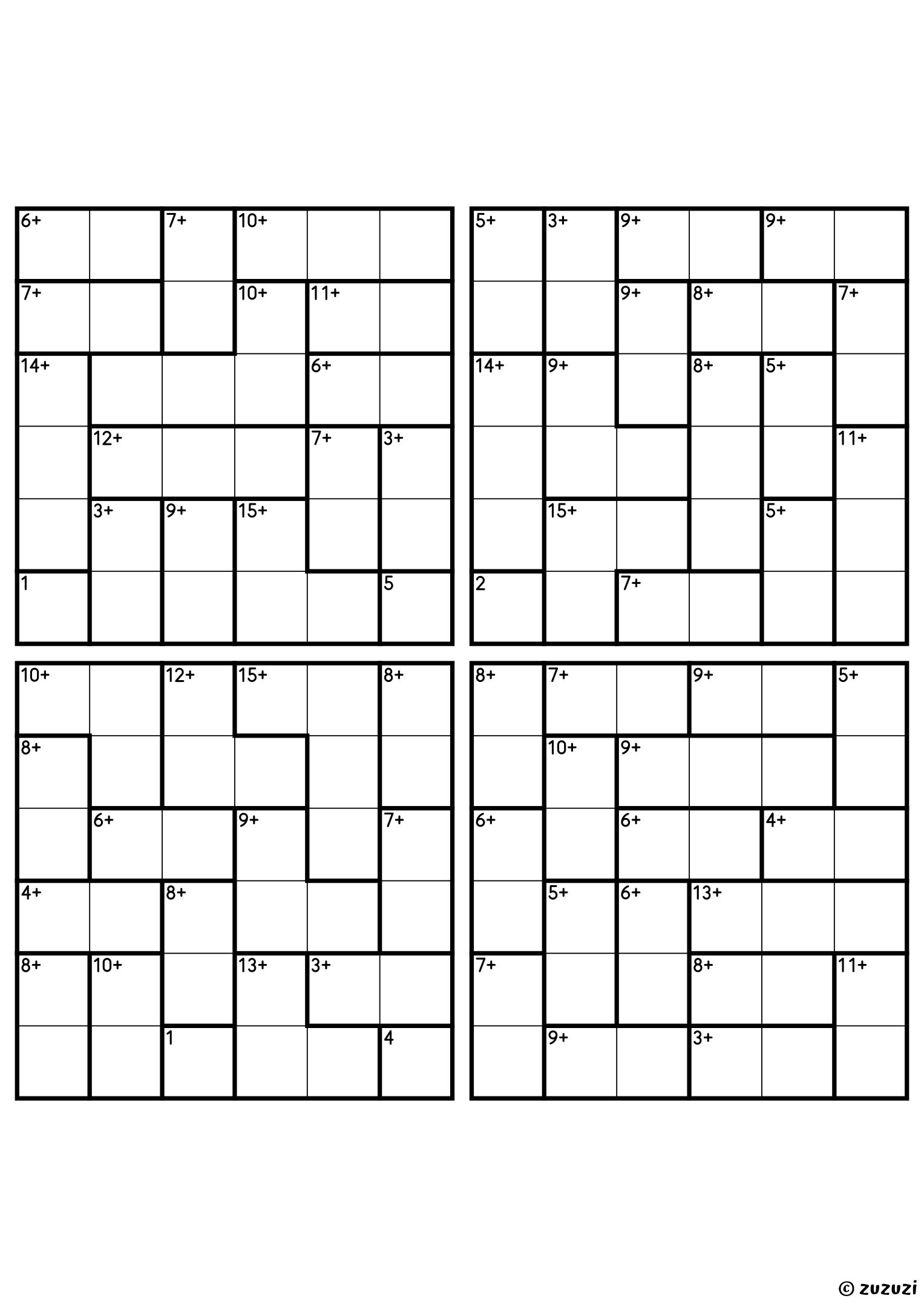 Four beginner 6x6 calcudoku grids with addition cages only, outlined with thick lines. Digits 1 to 6, 4 puzzles per page. Variant 2.