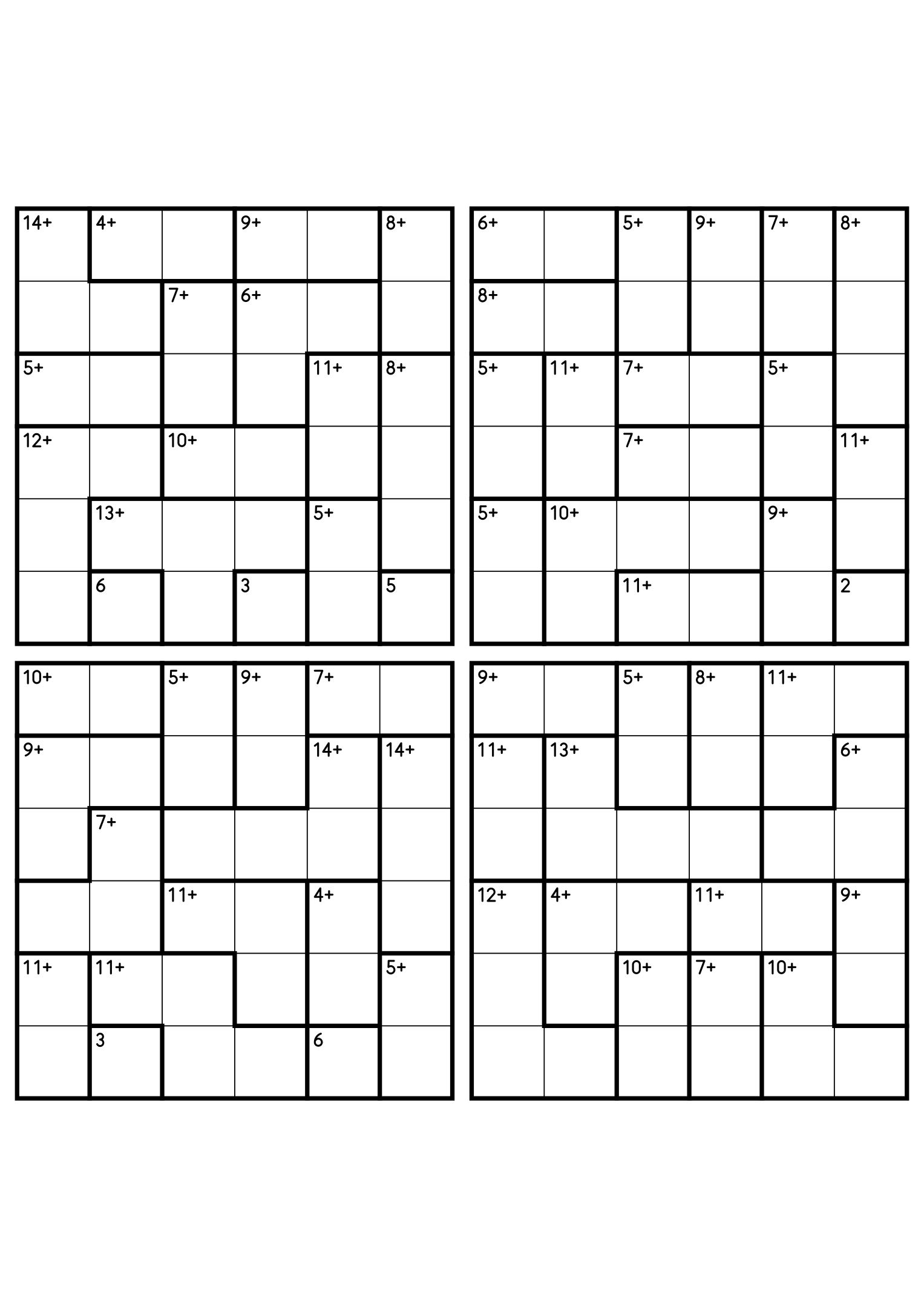 Four 6x6 calcudoku grids with addition cages only, the gentlest way to practise the rules. Digits 1 to 6, 4 puzzles per page. Variant 3.