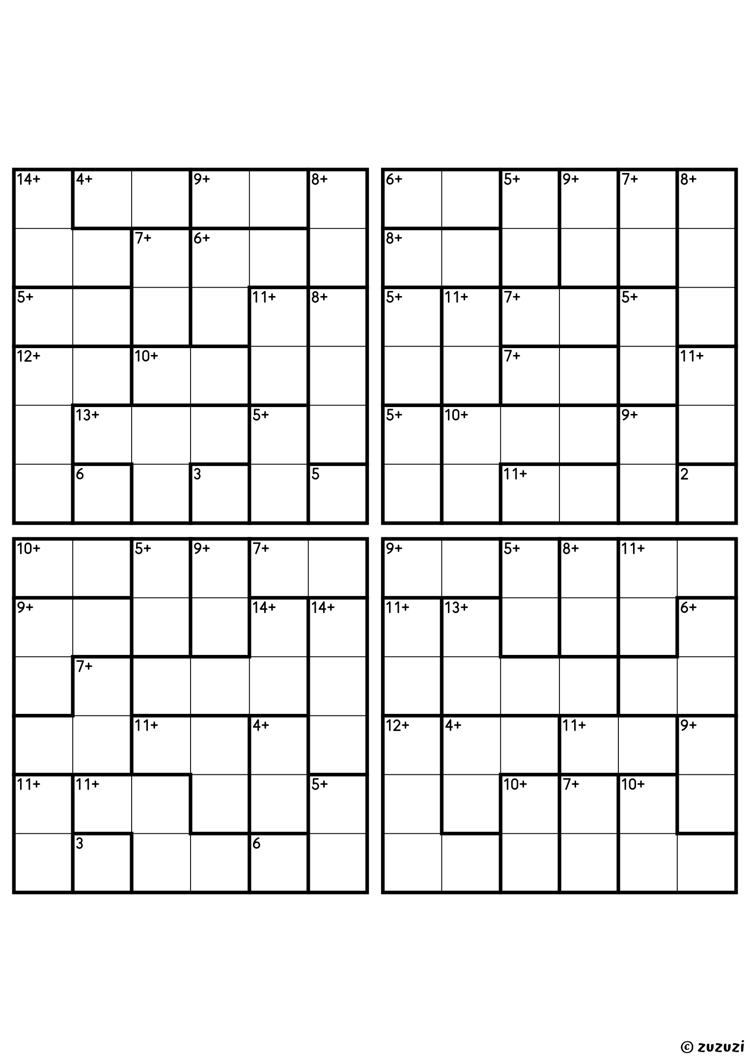 Four beginner 6x6 calcudoku grids with addition cages only, outlined with thick lines. Digits 1 to 6, 4 puzzles per page. Variant 3.