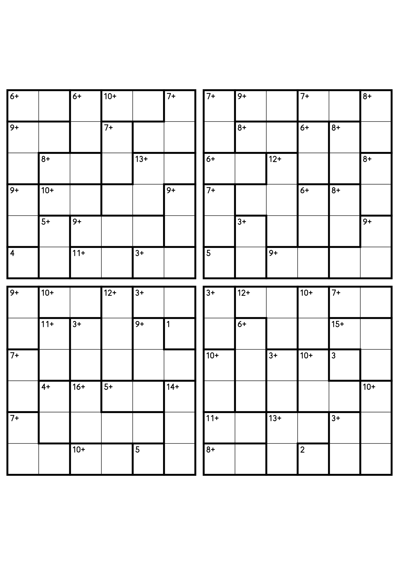 Four 6x6 calcudoku grids with addition cages only, the gentlest way to practise the rules. Digits 1 to 6, 4 puzzles per page. Variant 4.