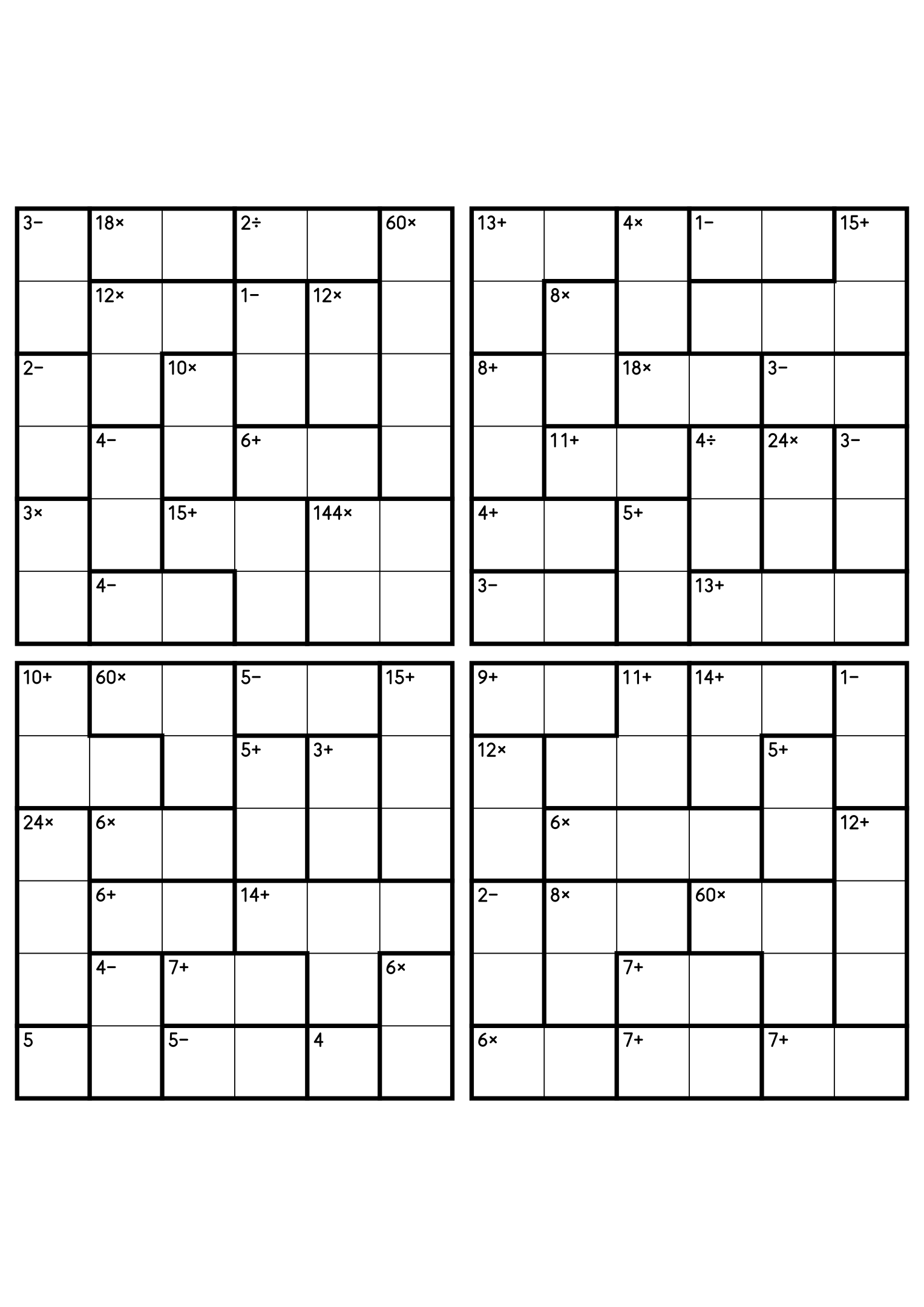 Four 6x6 calcudoku grids with addition, subtraction, multiplication and division cages. Digits 1 to 6, 4 puzzles per page. Variant 1.