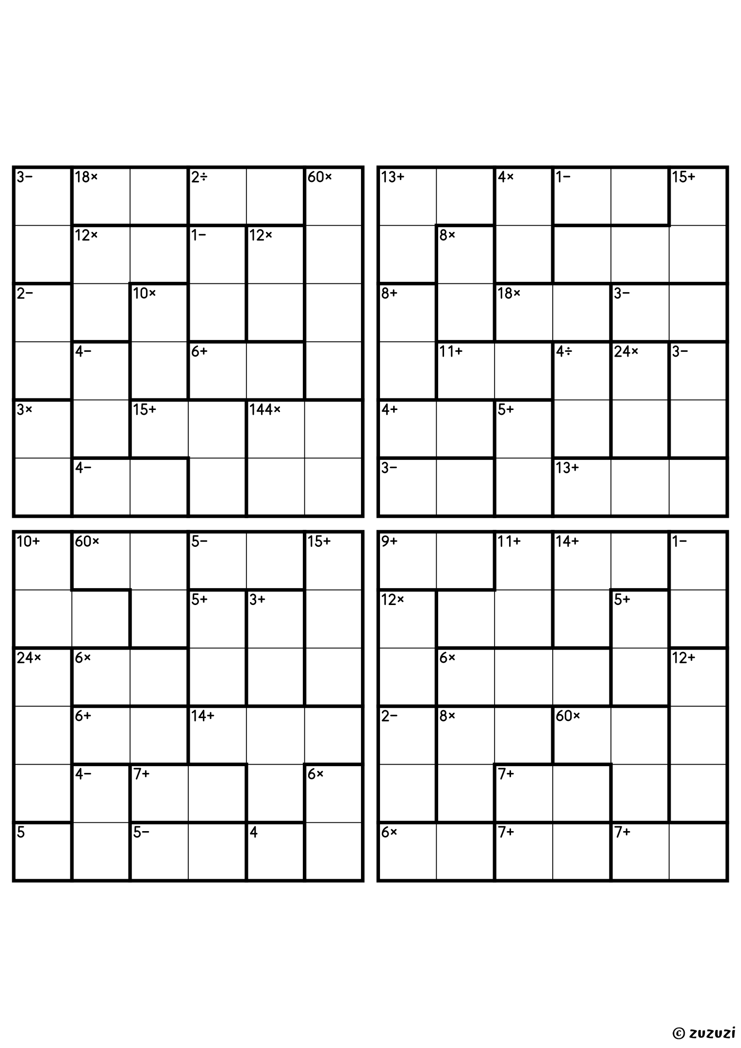 Four advanced 6x6 calcudoku grids with addition, subtraction, multiplication, and division cages, outlined with thick lines. Digits 1 to 6, 4 puzzles per page. Variant 1.