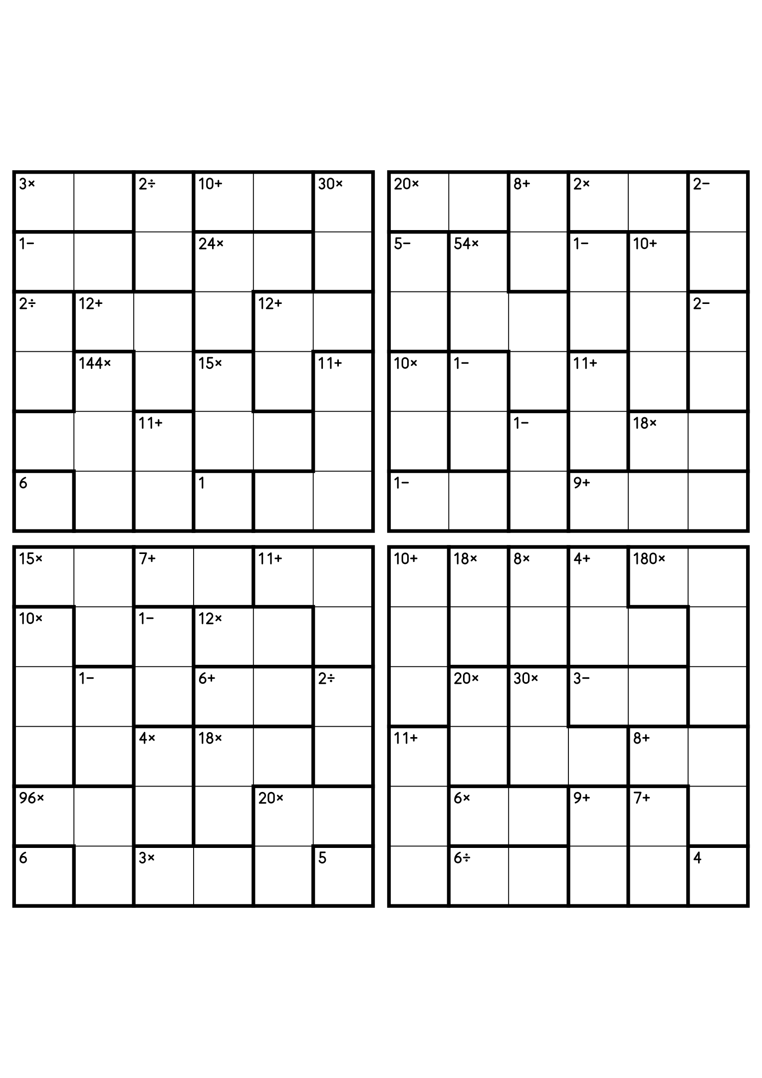 Four 6x6 calcudoku grids with addition, subtraction, multiplication and division cages. Digits 1 to 6, 4 puzzles per page. Variant 2.