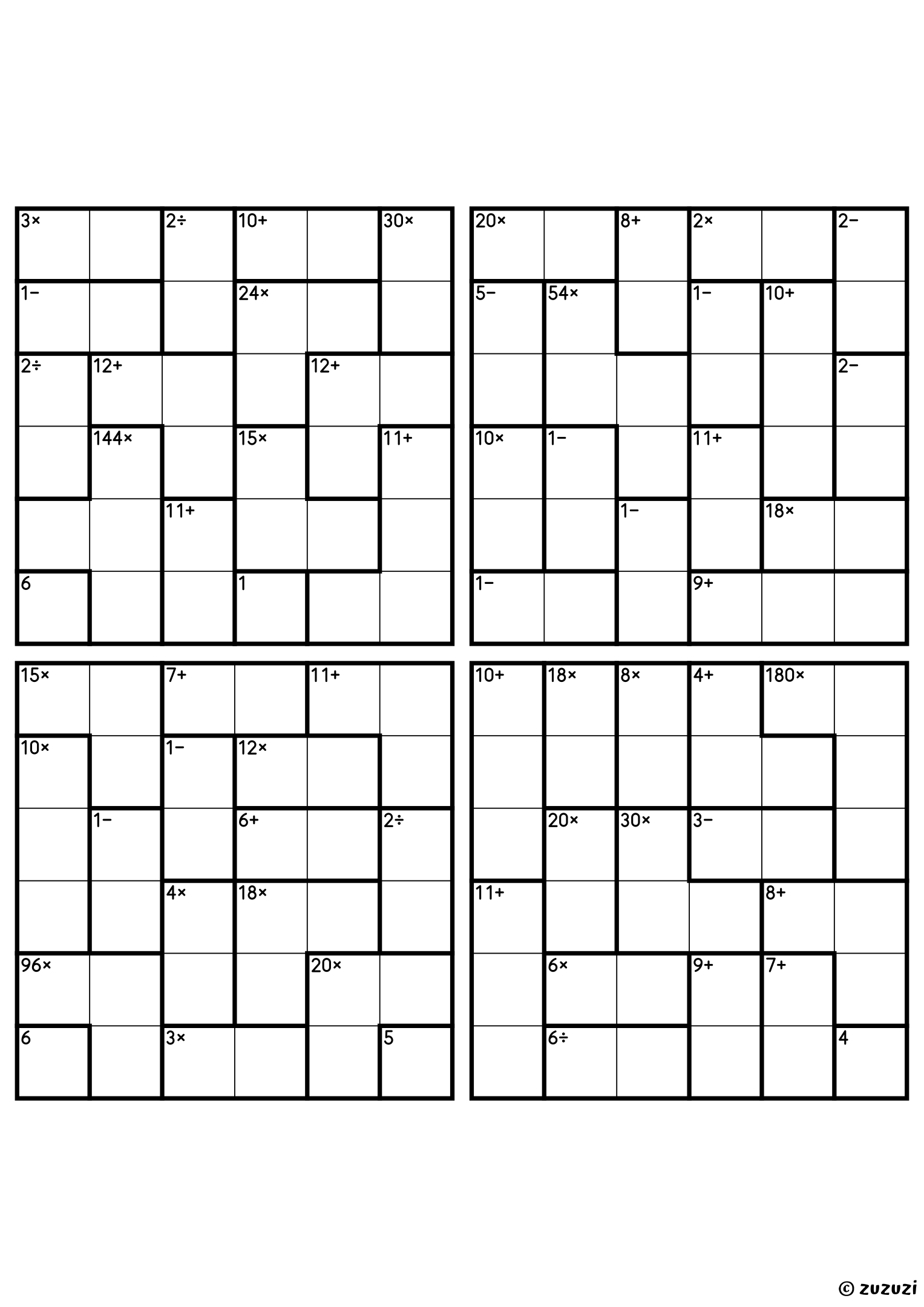 Four advanced 6x6 calcudoku grids with addition, subtraction, multiplication, and division cages, outlined with thick lines. Digits 1 to 6, 4 puzzles per page. Variant 2.