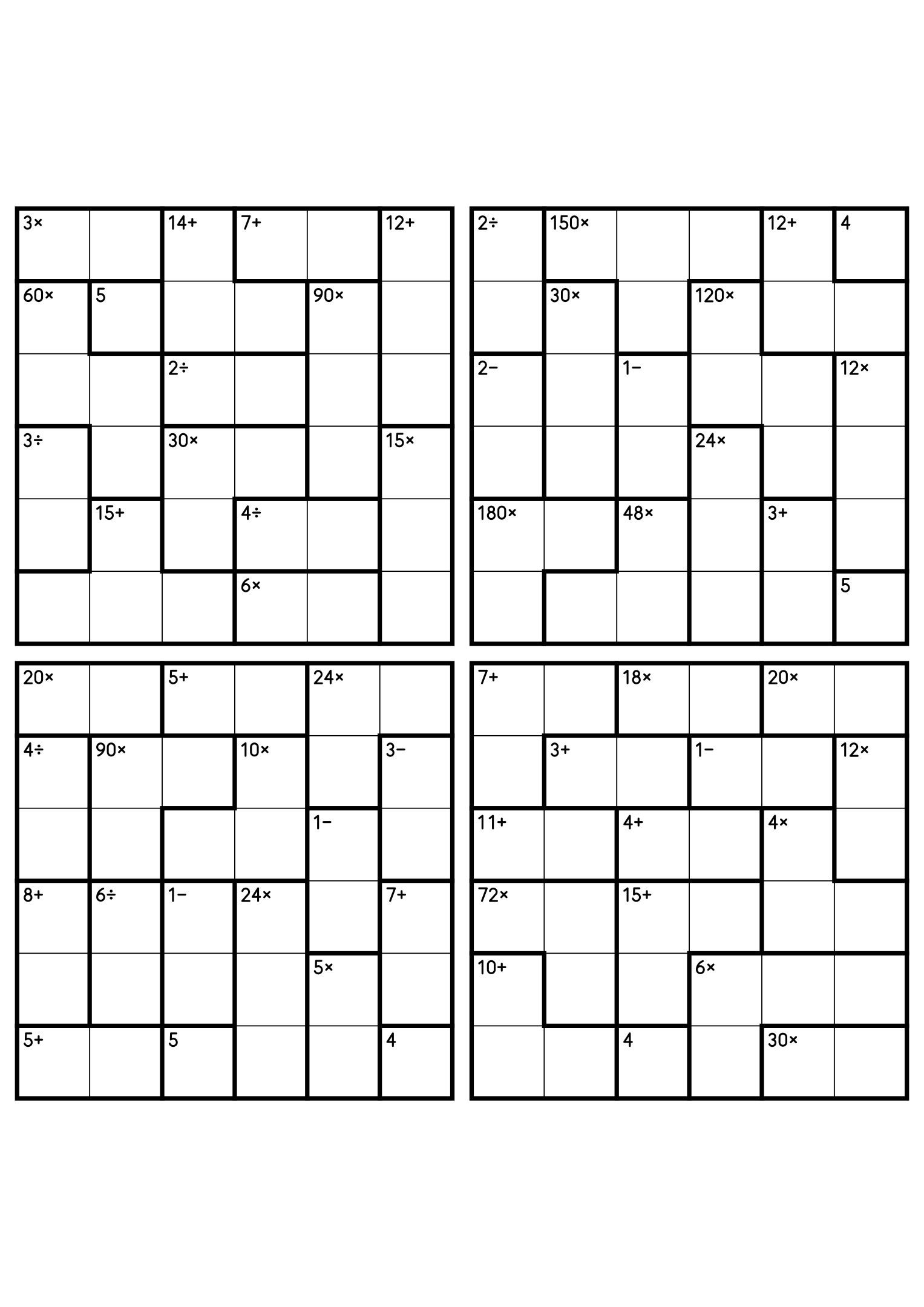 Four 6x6 calcudoku grids with addition, subtraction, multiplication and division cages. Digits 1 to 6, 4 puzzles per page. Variant 3.