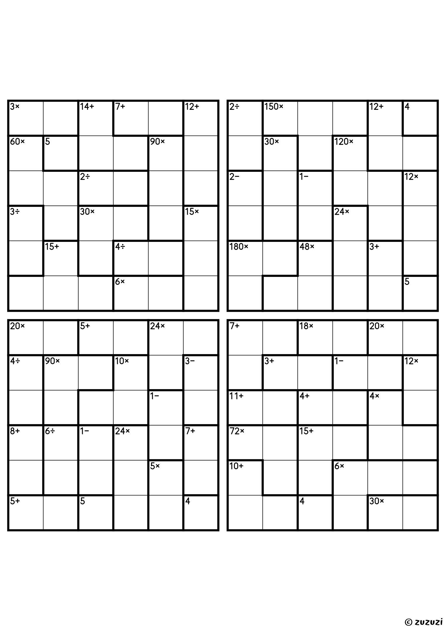 Four advanced 6x6 calcudoku grids with addition, subtraction, multiplication, and division cages, outlined with thick lines. Digits 1 to 6, 4 puzzles per page. Variant 3.