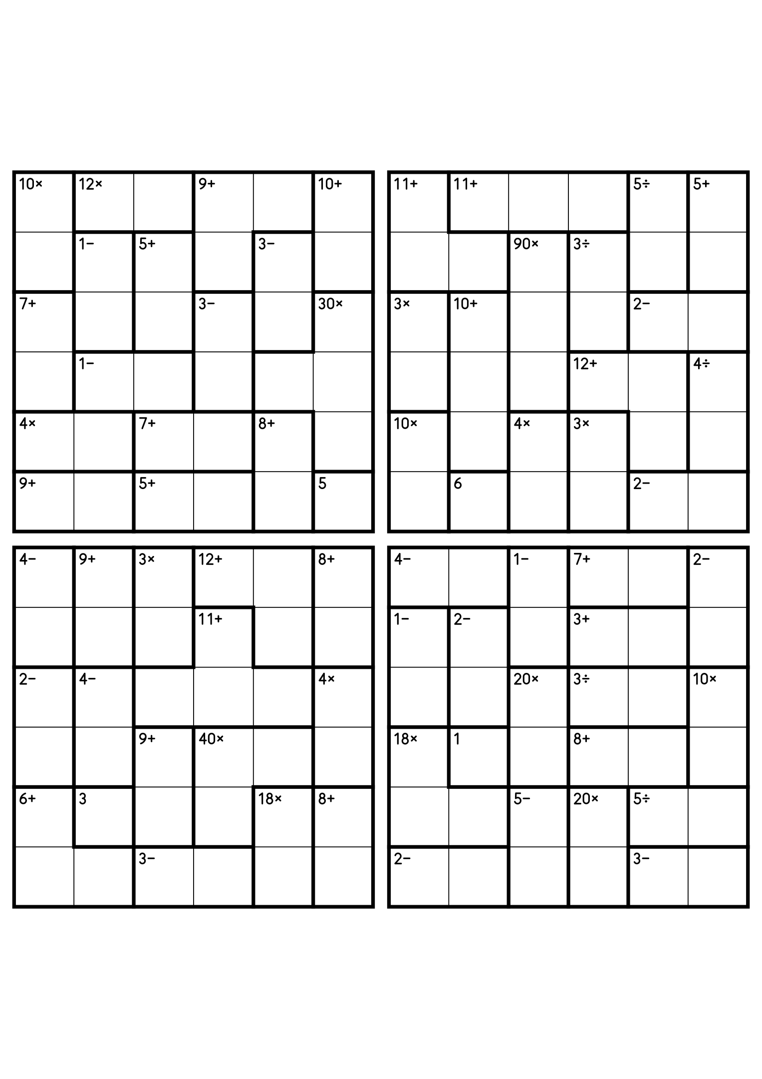Four 6x6 calcudoku grids with addition, subtraction, multiplication and division cages. Digits 1 to 6, 4 puzzles per page. Variant 4.