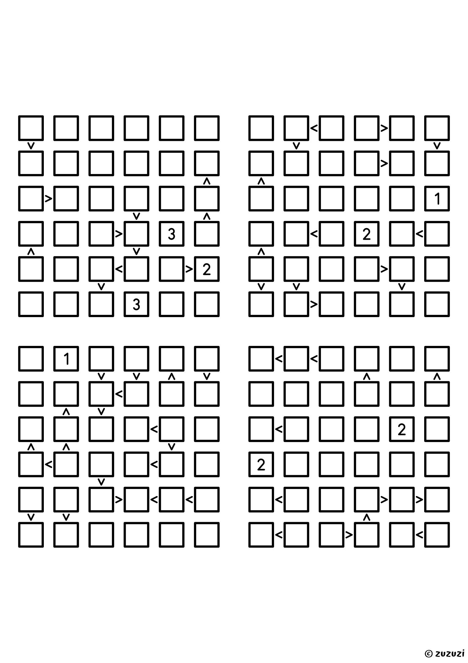 Four challenging 6x6 futoshiki grids with inequality signs between neighboring cells. Digits 1 to 6, 4 puzzles per page. Variant 1.