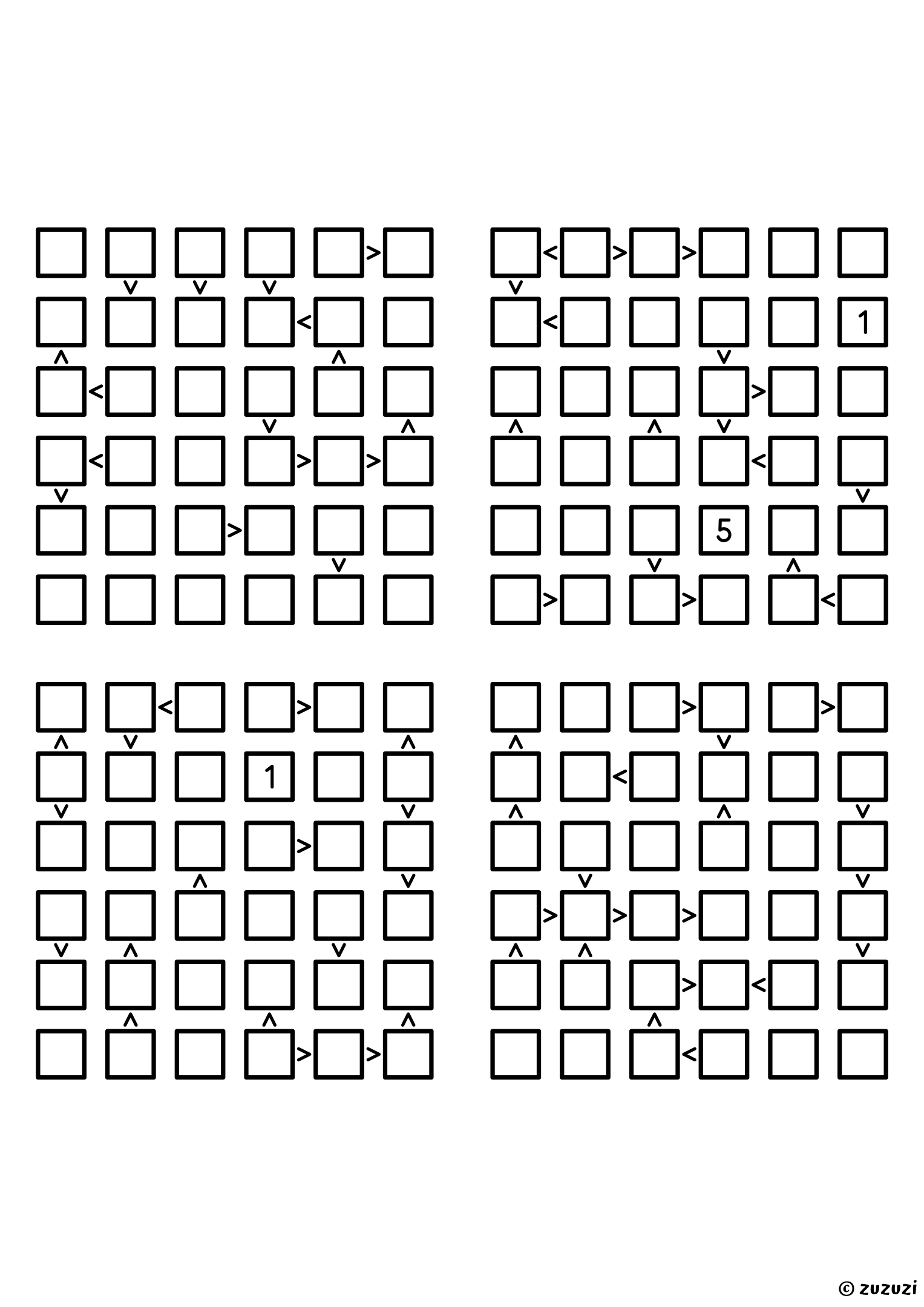 Four challenging 6x6 futoshiki grids with inequality signs between neighboring cells. Digits 1 to 6, 4 puzzles per page. Variant 2.
